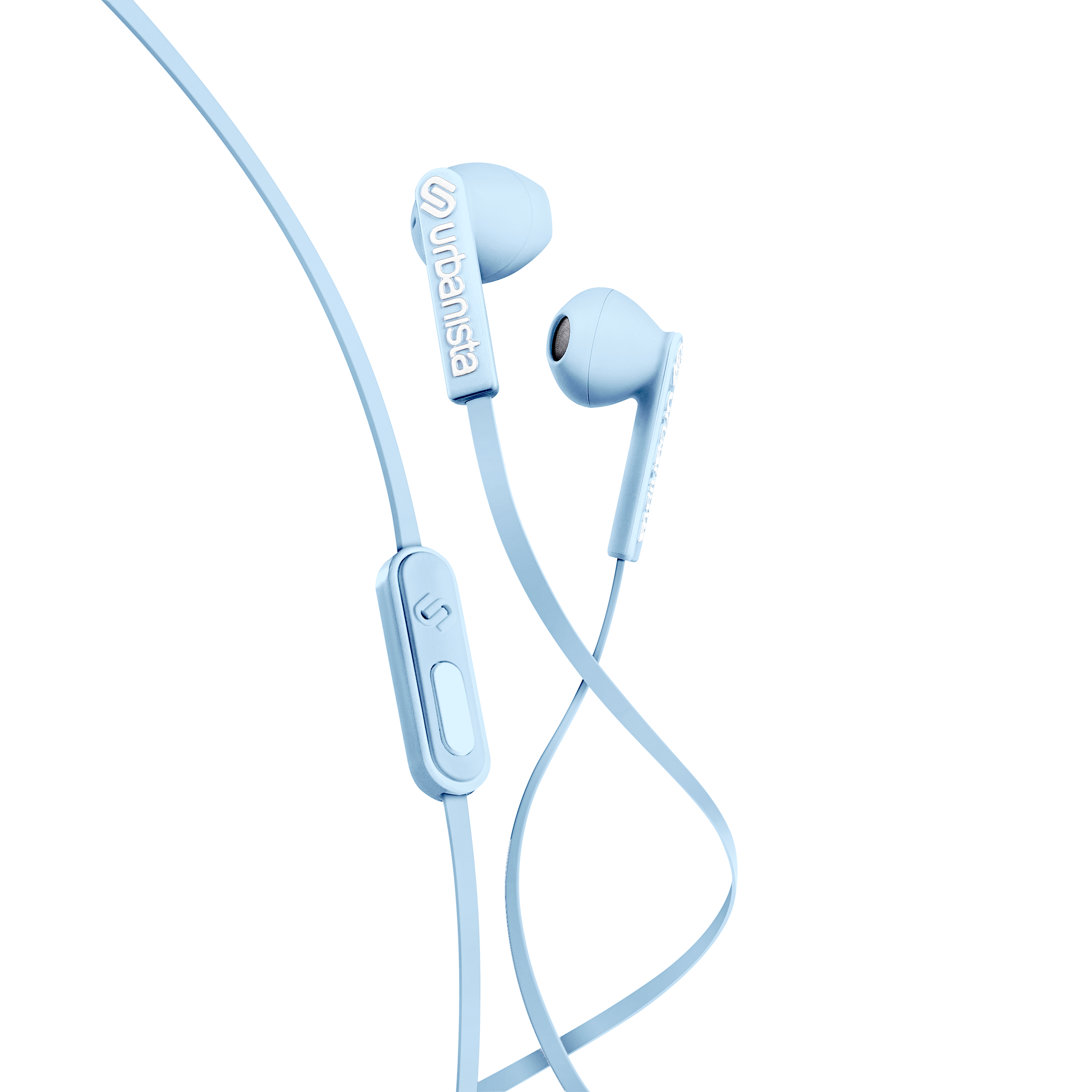 Auriculares Urbanista azul claro con un botón de control. Fondo negro.