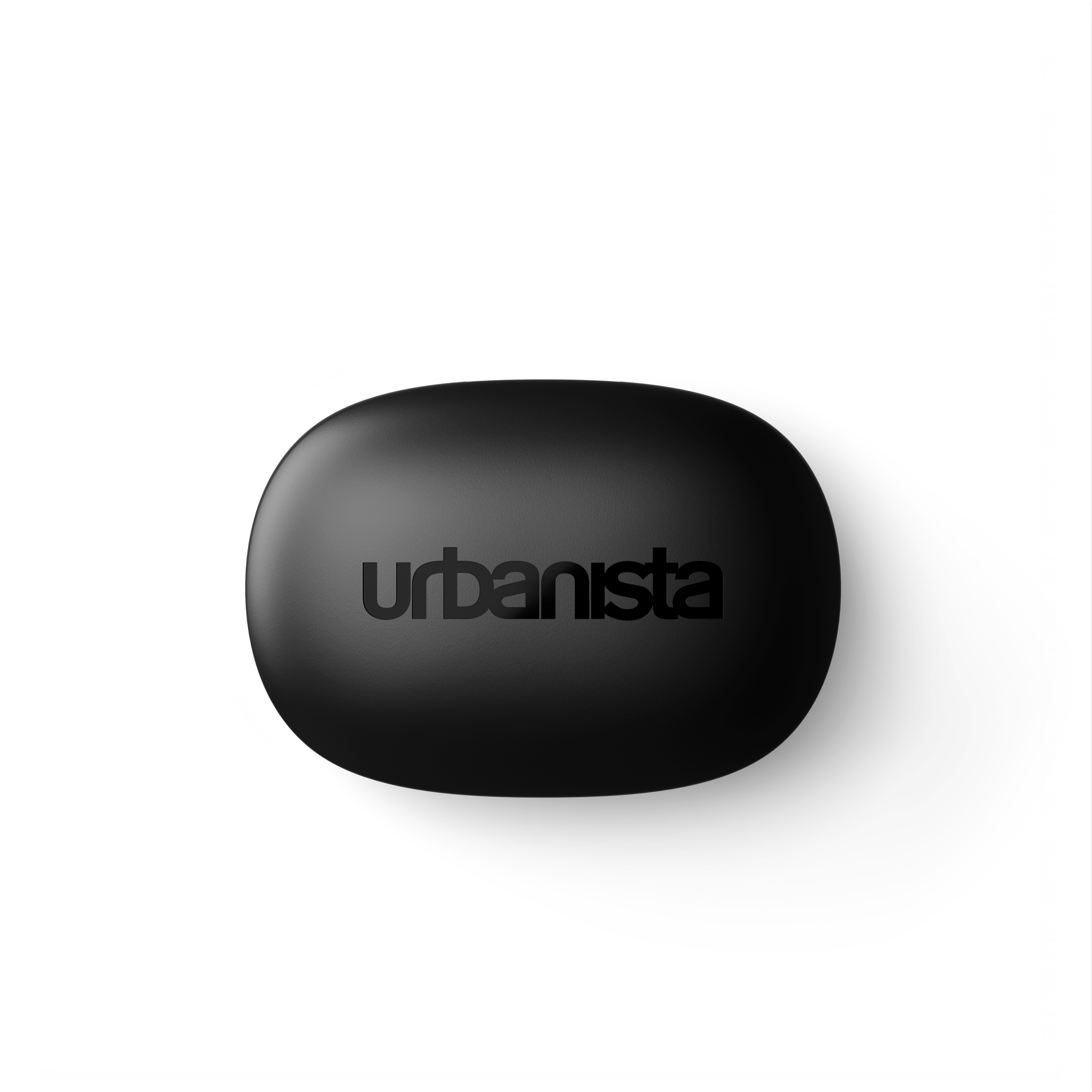 Ein schwarzes, ovalförmiges Etui mit dem Wort 'urbanista' in Schwarz darauf gedruckt. Schwarzer Hintergrund.
