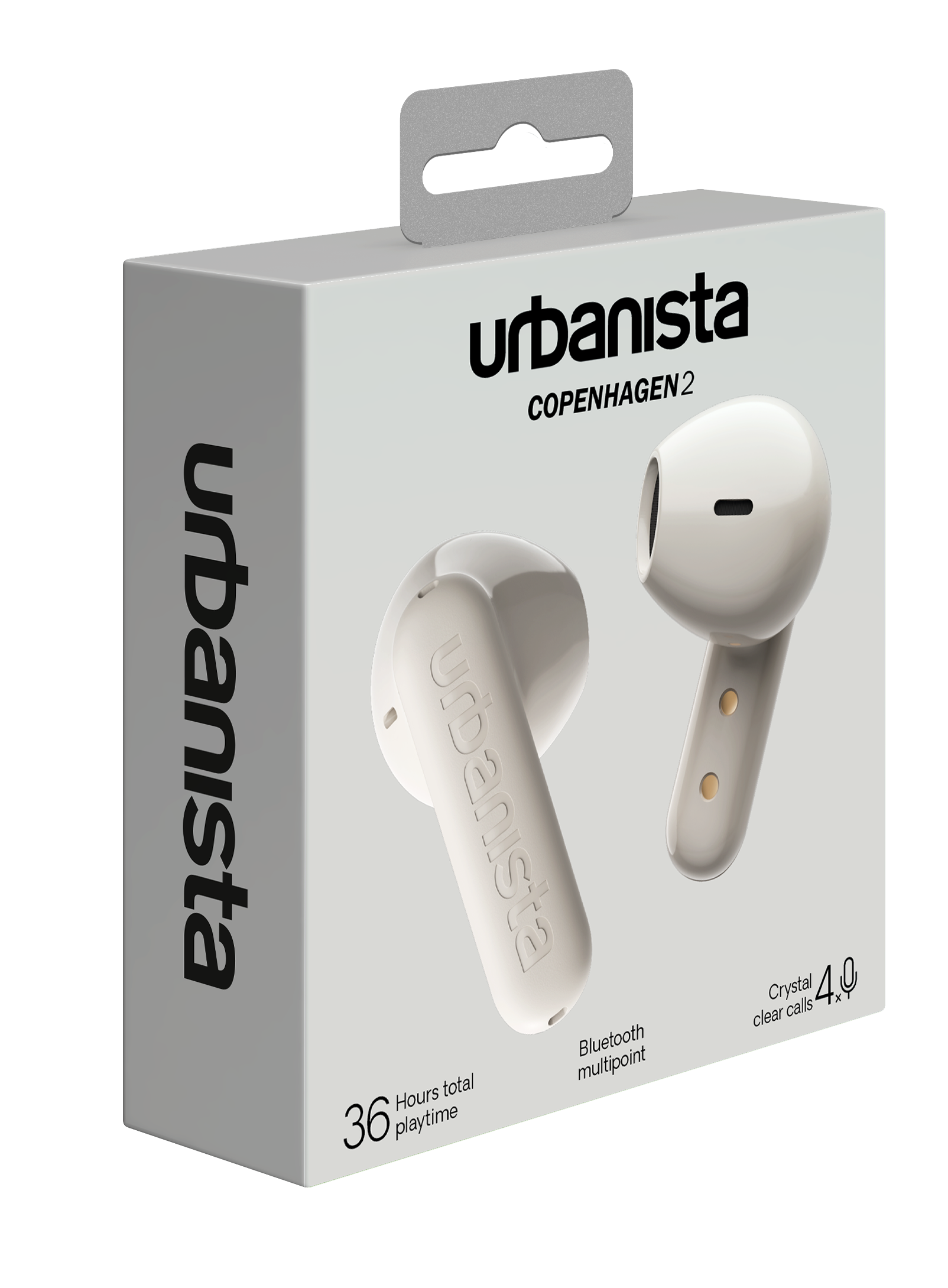 Weiße Ohrhörer in einer weißen Schachtel mit Markennamen. Enthält 36 Stunden Spielzeit und Bluetooth.