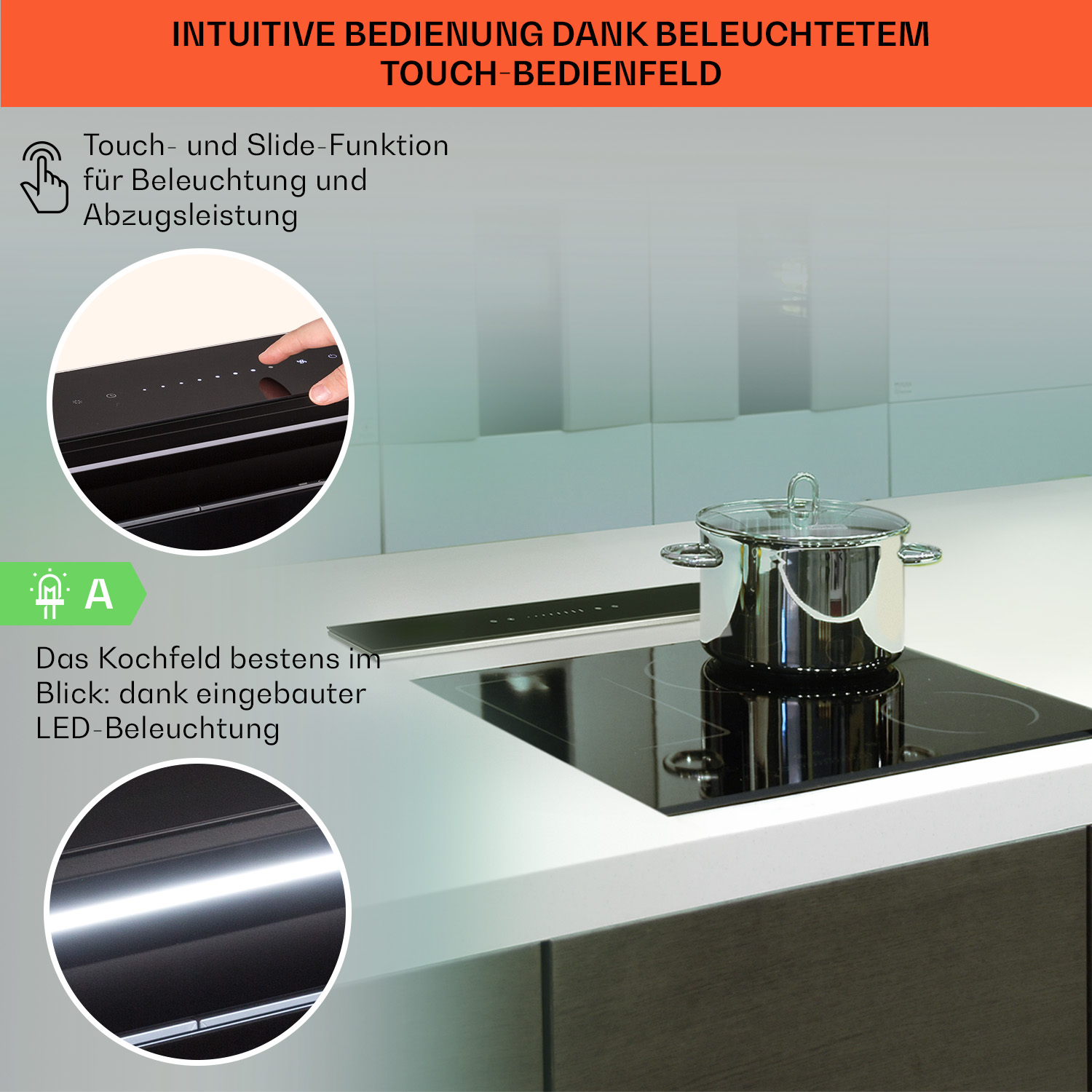 Cucina con piano cottura e pentola, con testo sui comandi touch e illuminazione a LED.