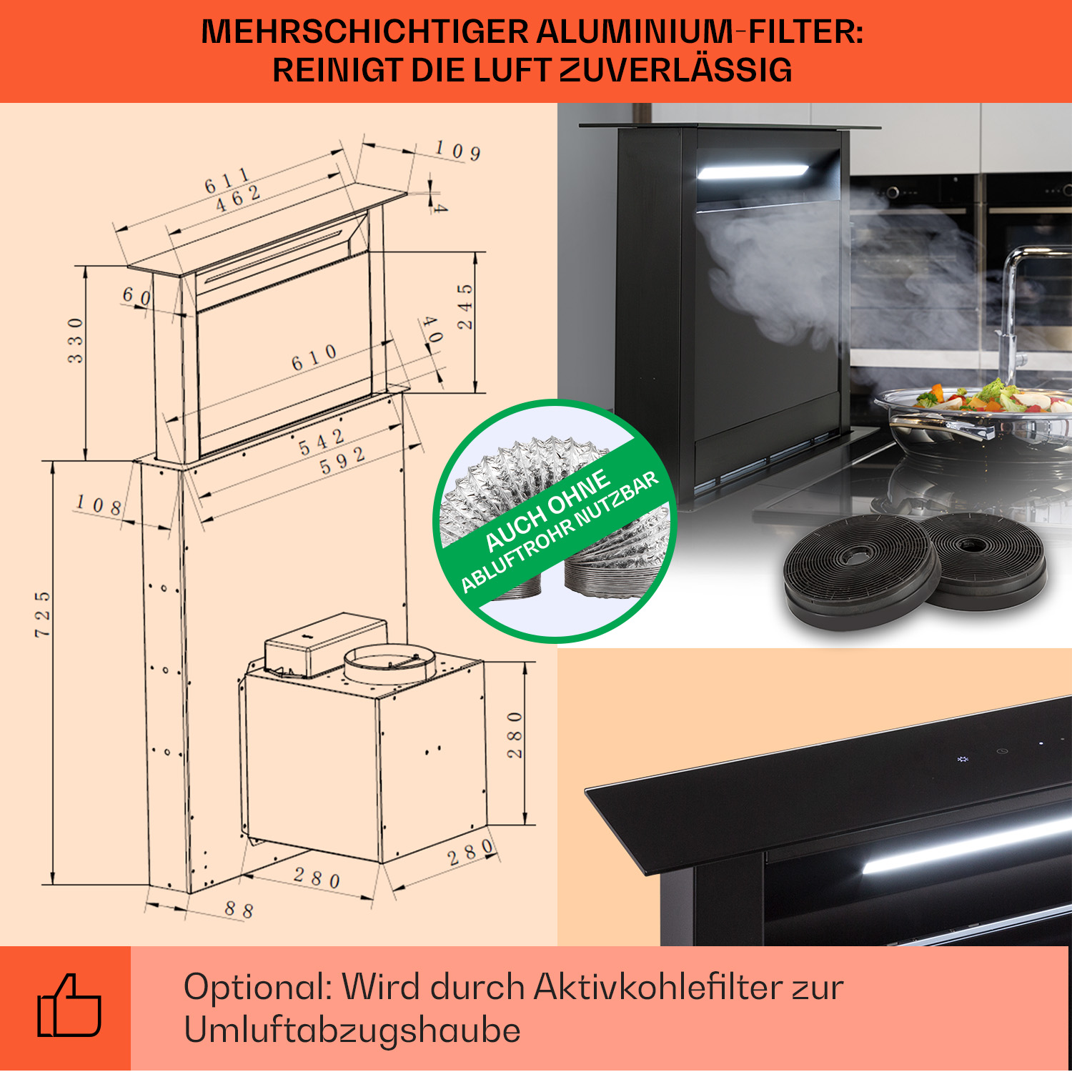 Diagramma di una cappa da cucina con dimensioni e testo. Include l'opzione filtro a carbone.