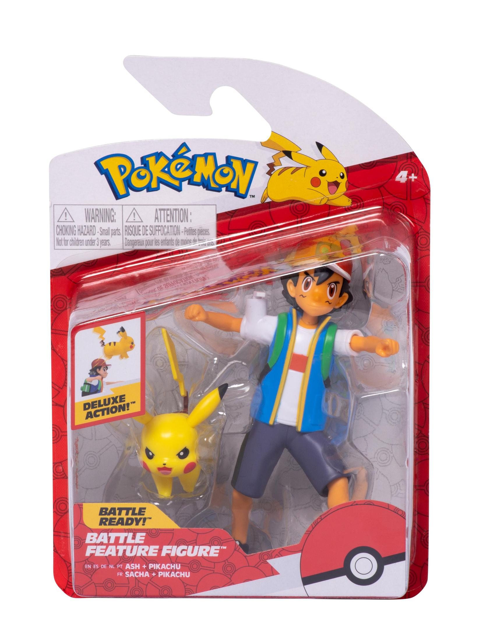 Set di action figure Pokémon con Ash e Pikachu, in blister con design rosso e bianco.