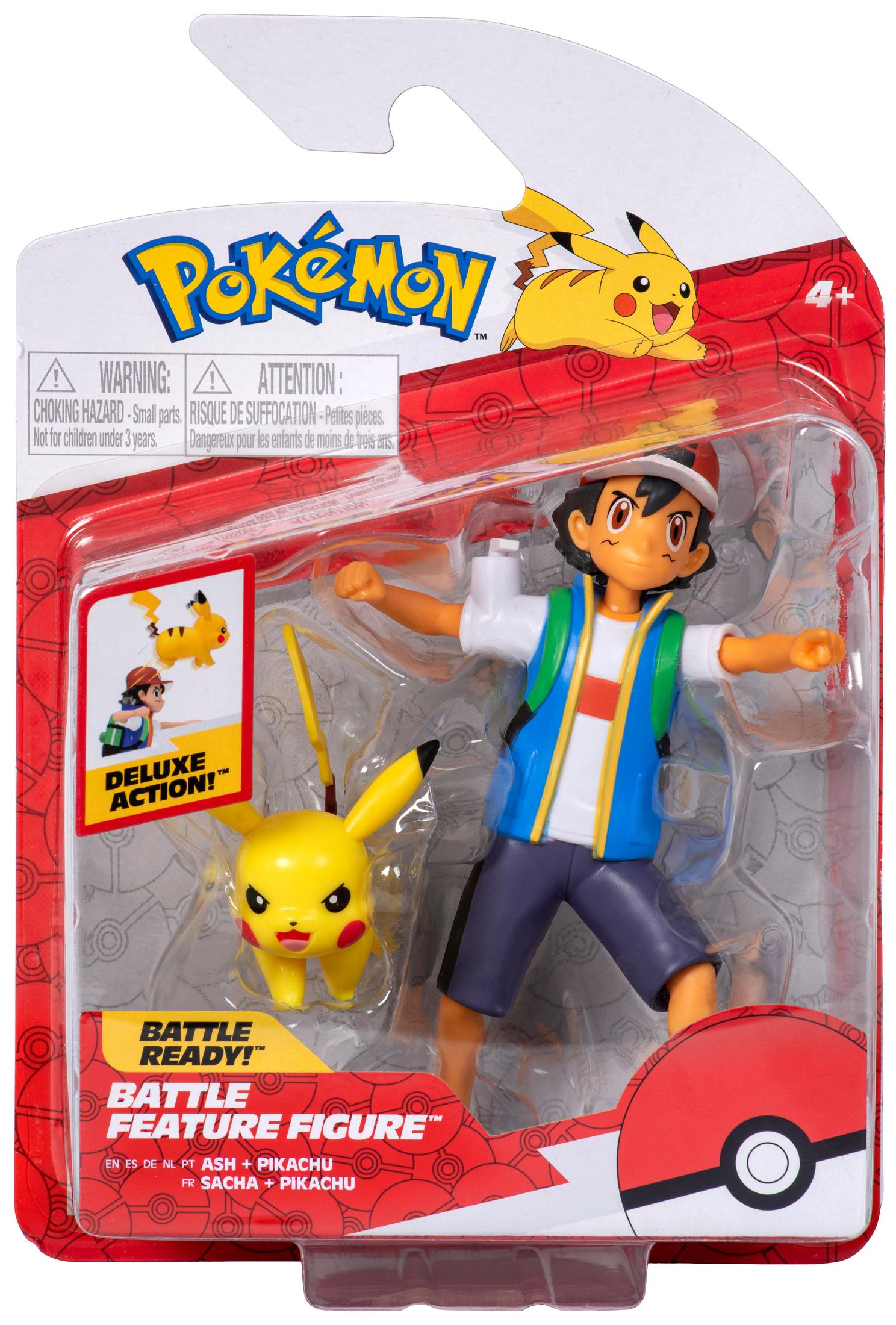 Confezione di giocattoli Pokémon. Personaggi di Ash e Pikachu nella confezione. Sfondo bianco.