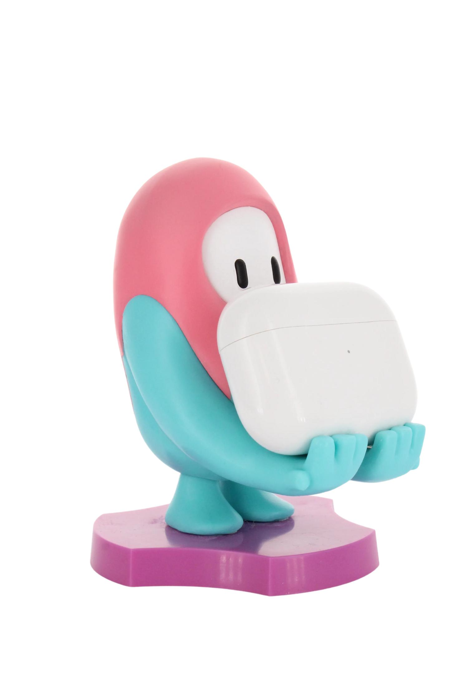 Un personaggio dei cartoni animati che tiene una custodia bianca, con testa rosa e braccia blu su base viola.