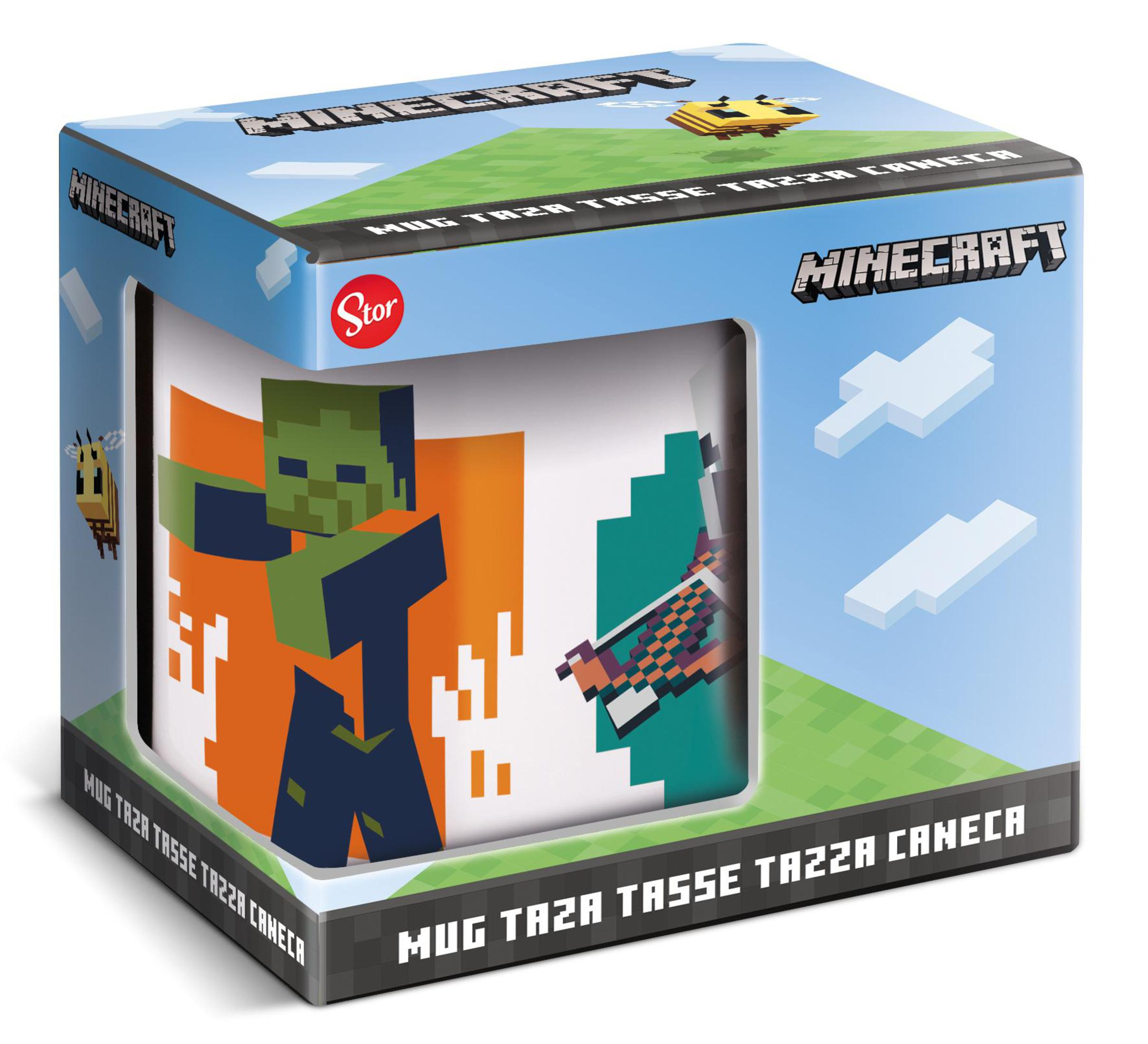 Minecraft-Tasse mit Zombie und Creeper auf einer Box mit Himmels-Hintergrund.