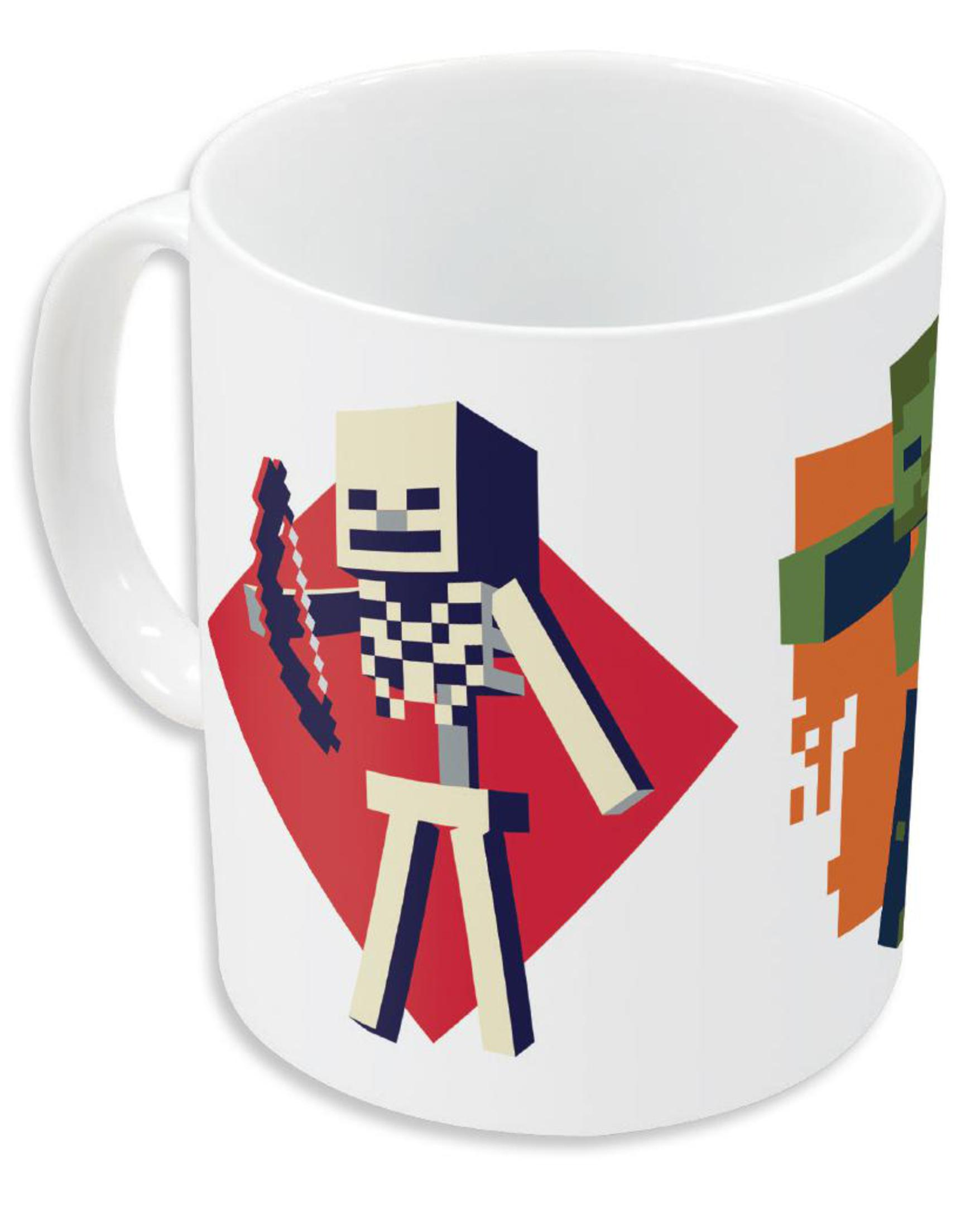 Weiße Tasse mit Minecraft-Charakteren: Skelett mit Bogen und grüner Zombie.