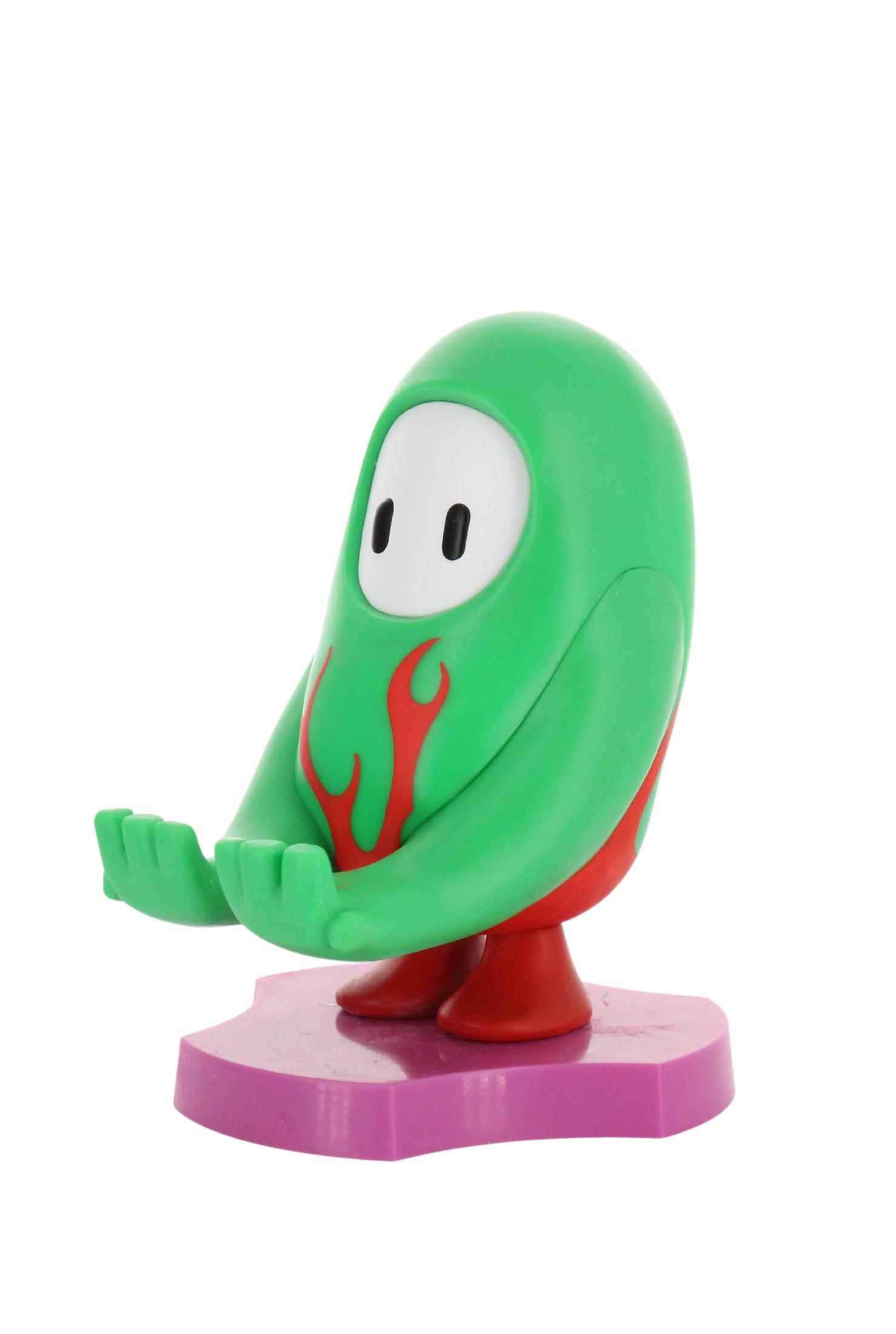 Un personaggio giocattolo di Fall Guys verde con fiamme rosse, base viola, visto di profilo.