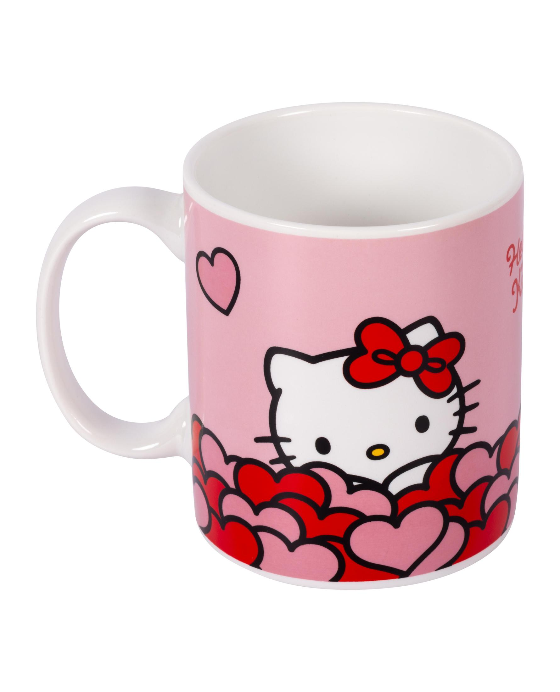 Hello Kitty Tasse. Rosa Hintergrund, Bild von Hello Kitty umgeben von Herzen.