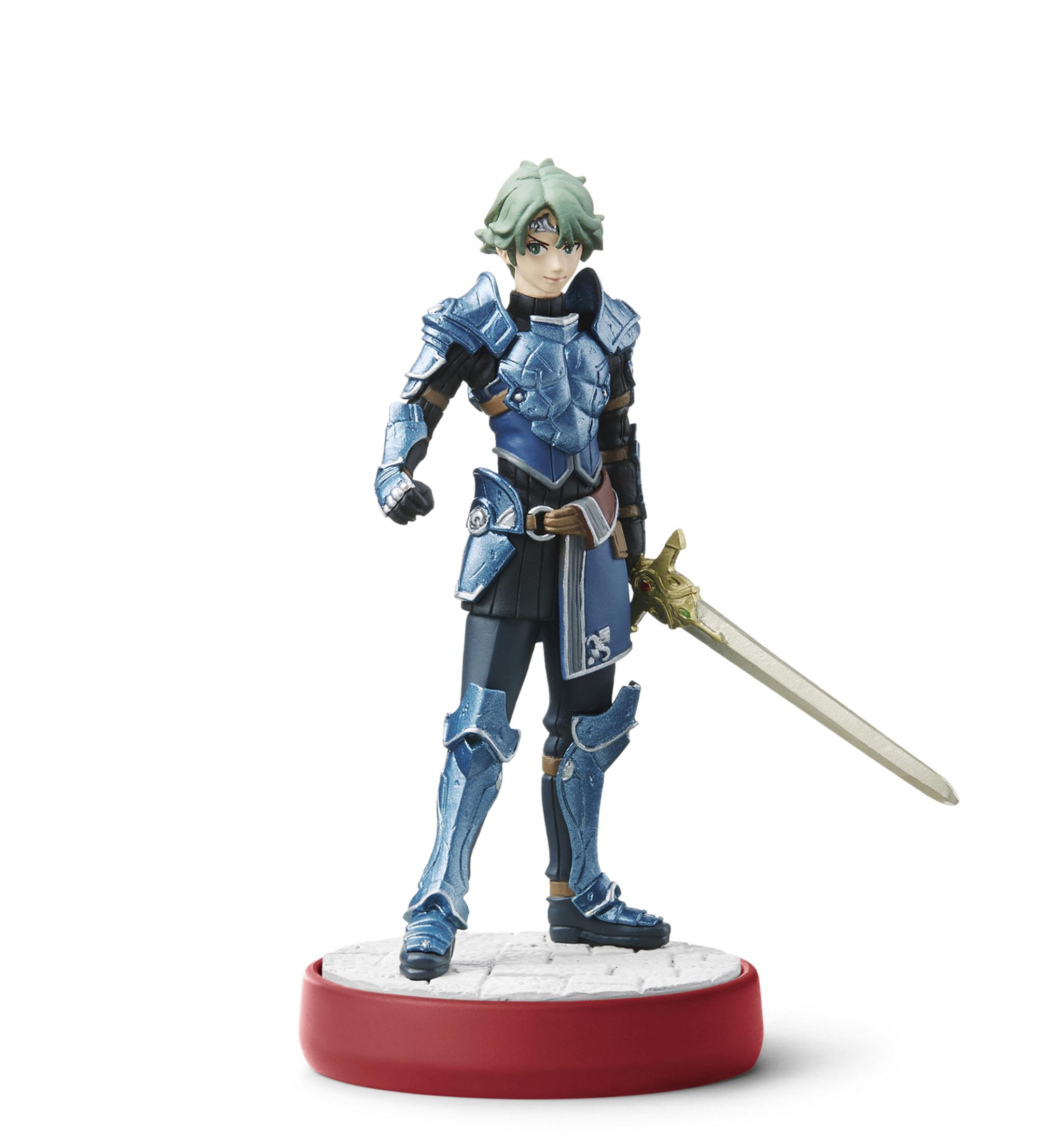 Una figura de un personaje masculino con armadura azul, sosteniendo una espada, de pie sobre una base roja.