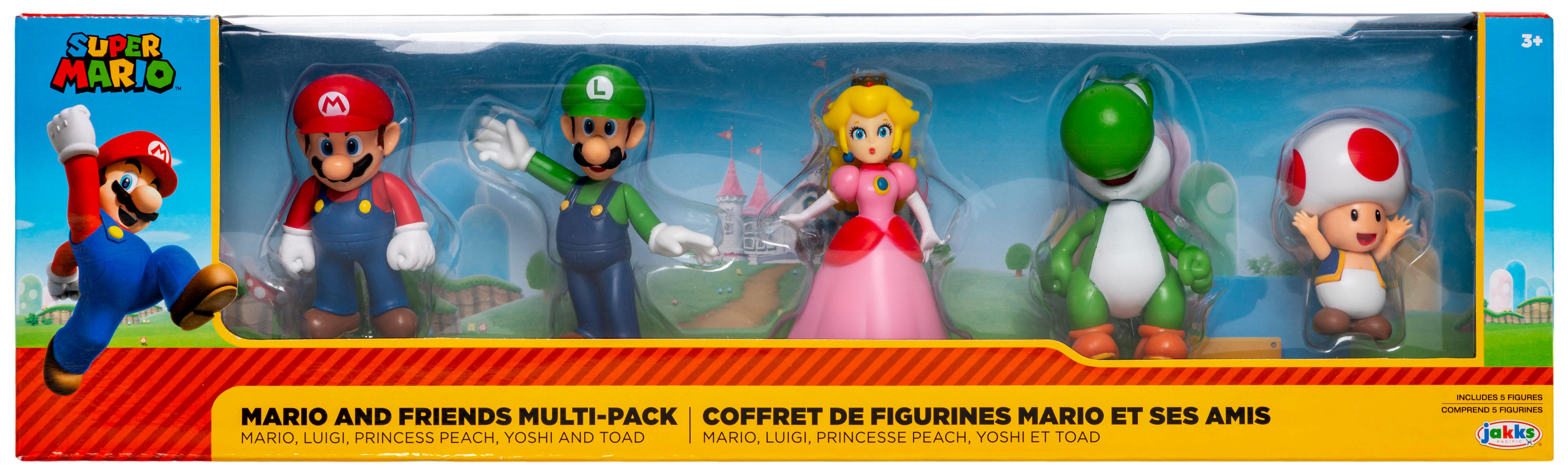 Super Mario und Freunde Spielfiguren in einer Box. Mario, Luigi, Peach, Yoshi und Toad sind sichtbar.