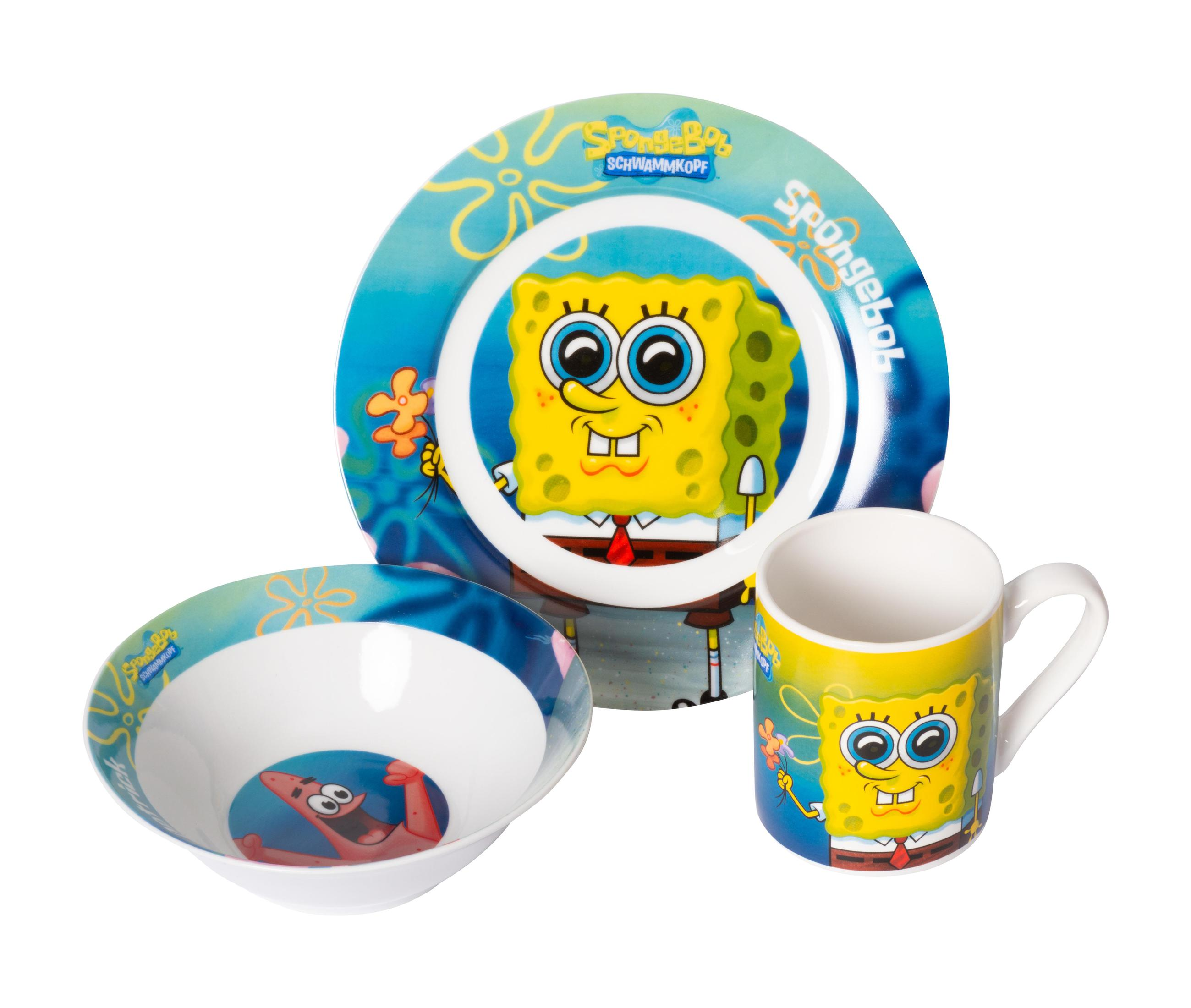 Spongebob-Geschirrset: Teller, Schüssel und Becher. Spongebob auf jedem. Schüssel hat Patrick. Blau und gelb.