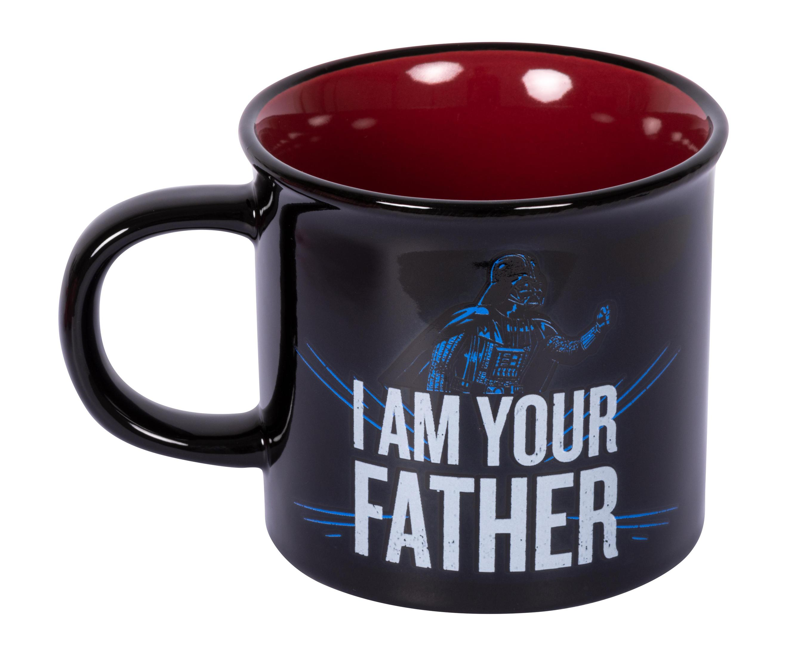 Eine schwarze Tasse mit Darth Vader und den Worten „ICH BIN DEIN VATER“.