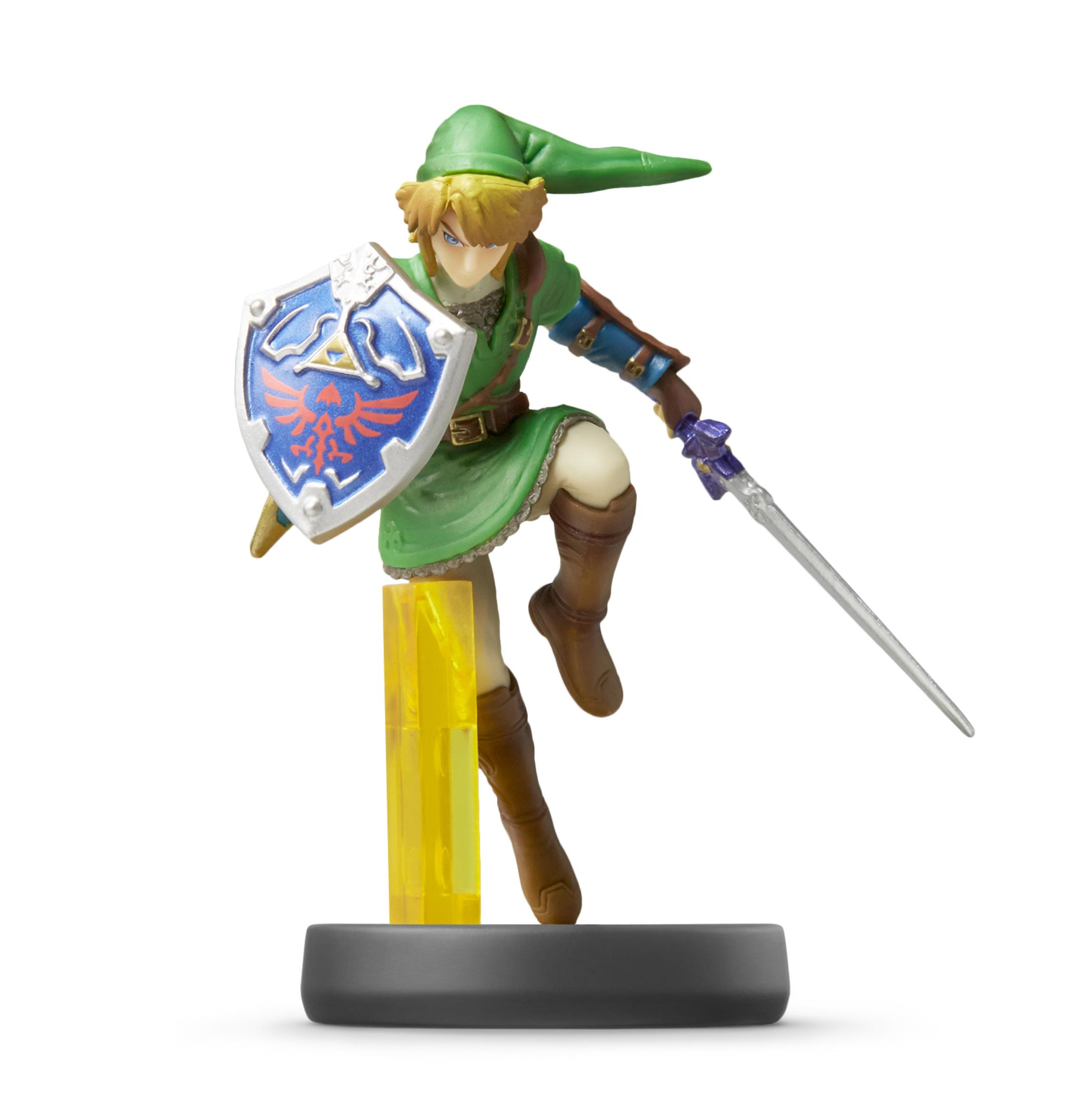 Link, eine Figur aus der Legend of Zelda-Reihe, steht mit Schwert und Schild auf einem Ständer.