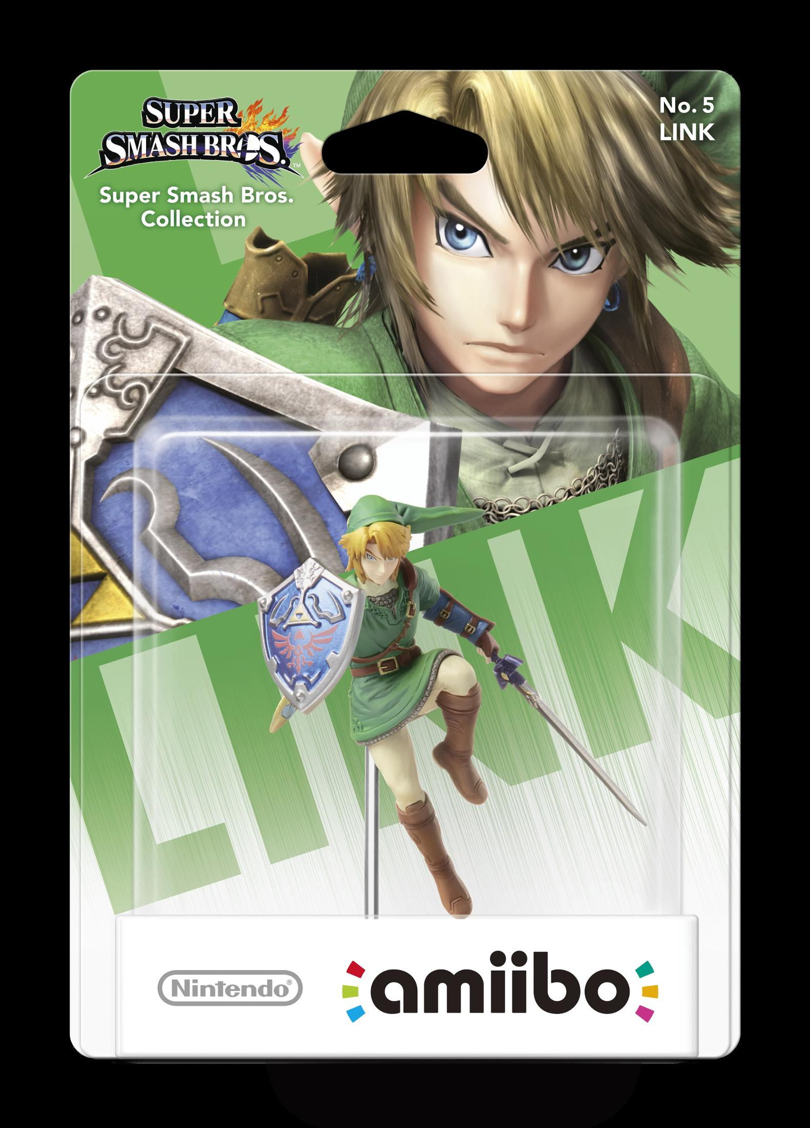 Link Amiibo Figur in Verpackung. Die Figur ist grün und hält Schwert und Schild.