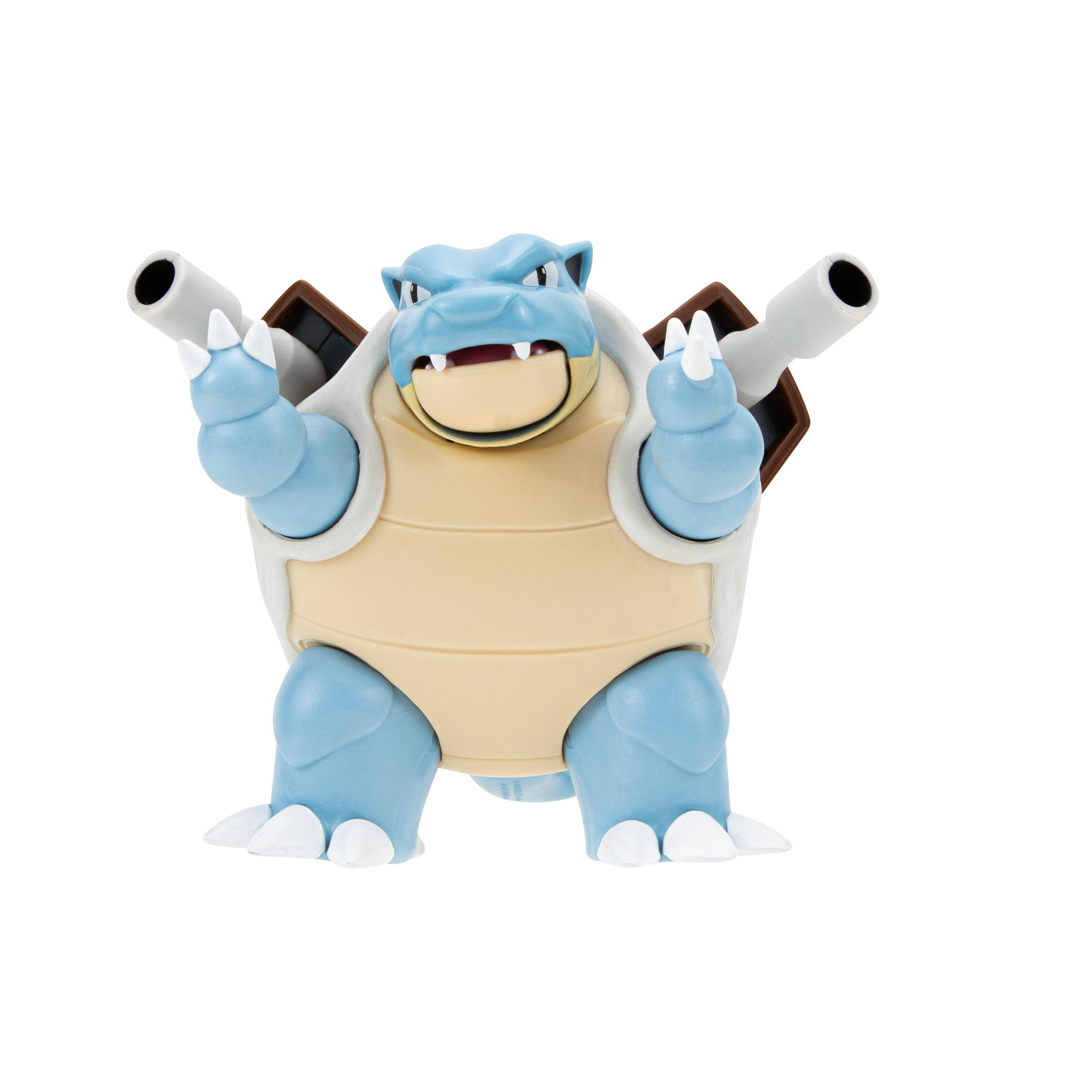 Blastoise-Spielzeugfigur, blau, weiß und hellbraun, auf weißem Hintergrund, Kanonen erhoben.