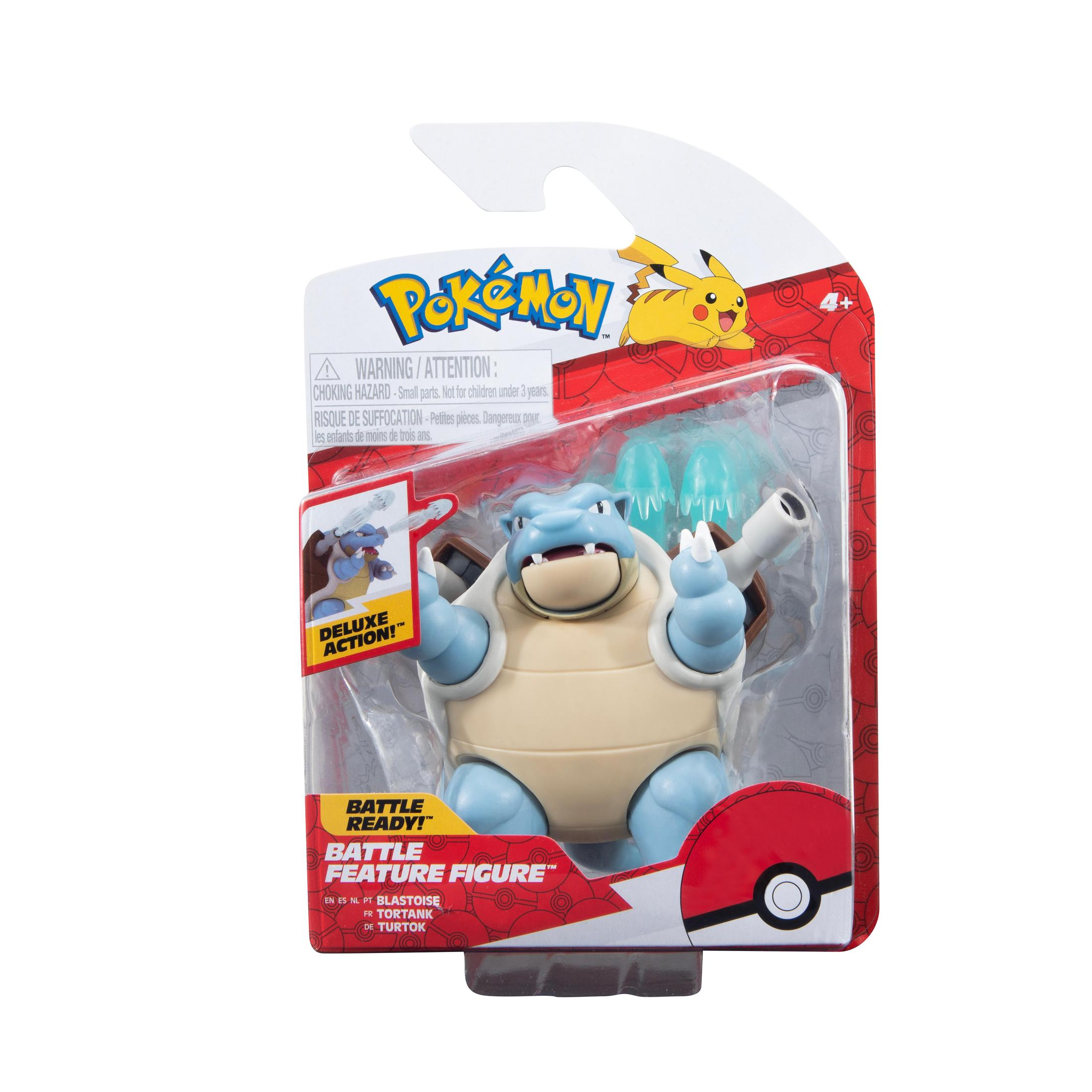 Eine Pokémon Blastoise-Figur in einer Blisterverpackung. Die Figur ist blau und beige. Die Verpackung hat Text und Grafiken.