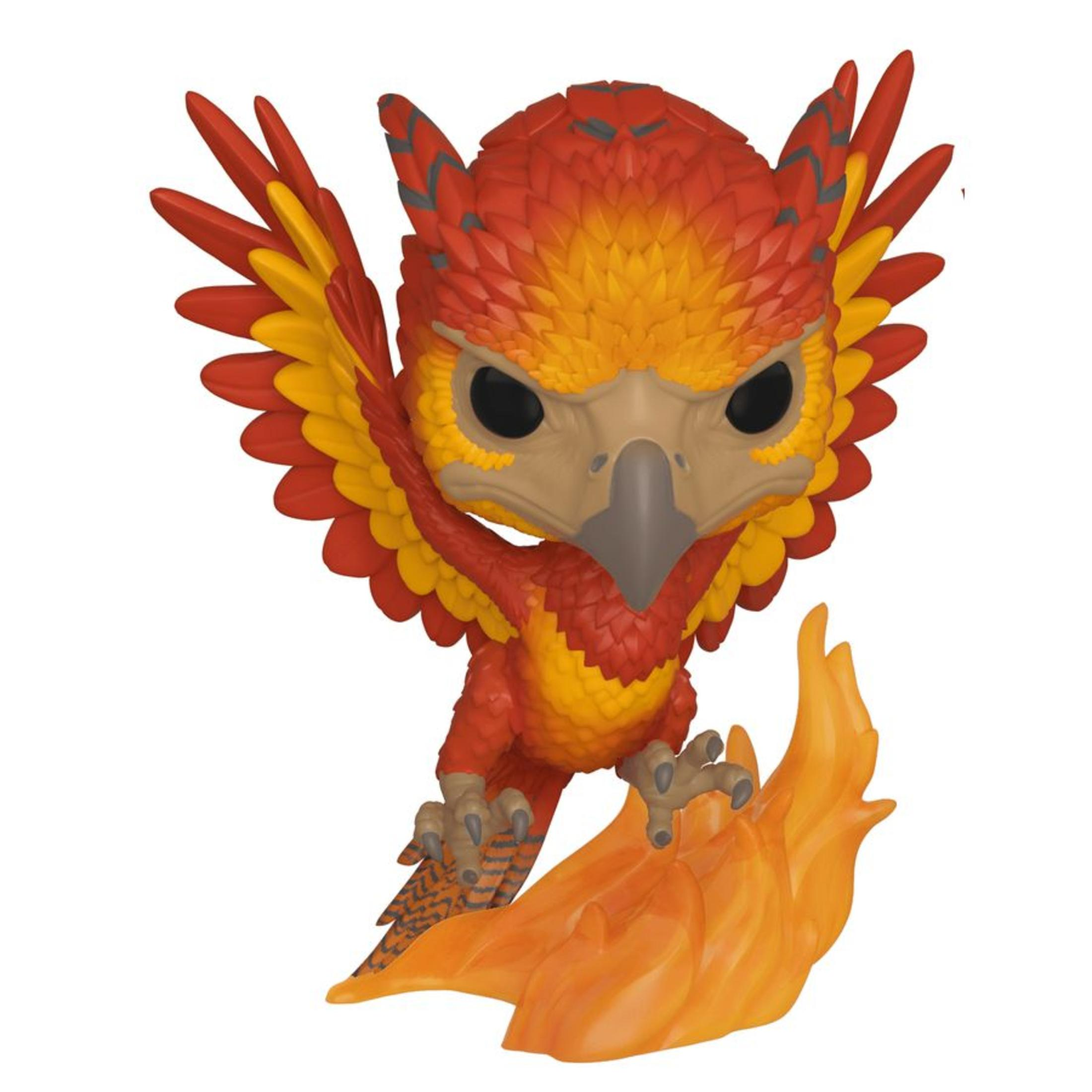 Una statuetta Funko Pop di una fenice rossa e gialla con le ali spiegate, su sfondo bianco.
