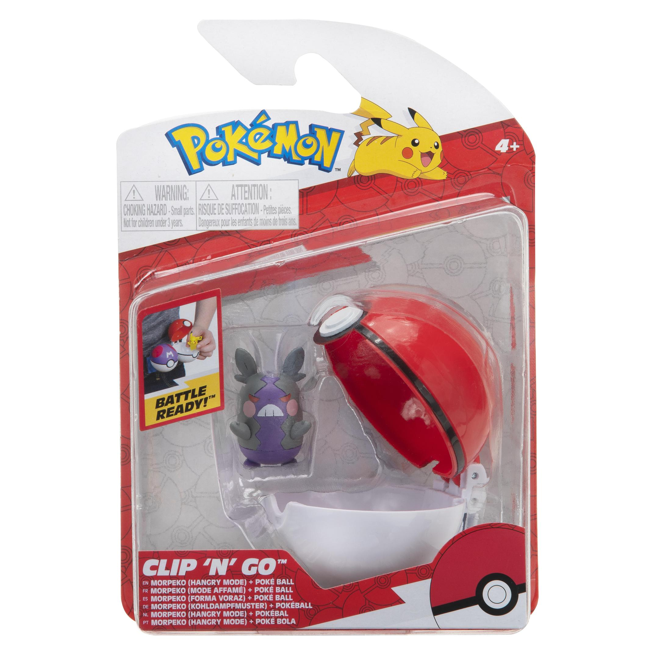 Set de juguetes de Pokemon en embalaje rojo. Incluye una bola roja y blanca y una criatura morada.