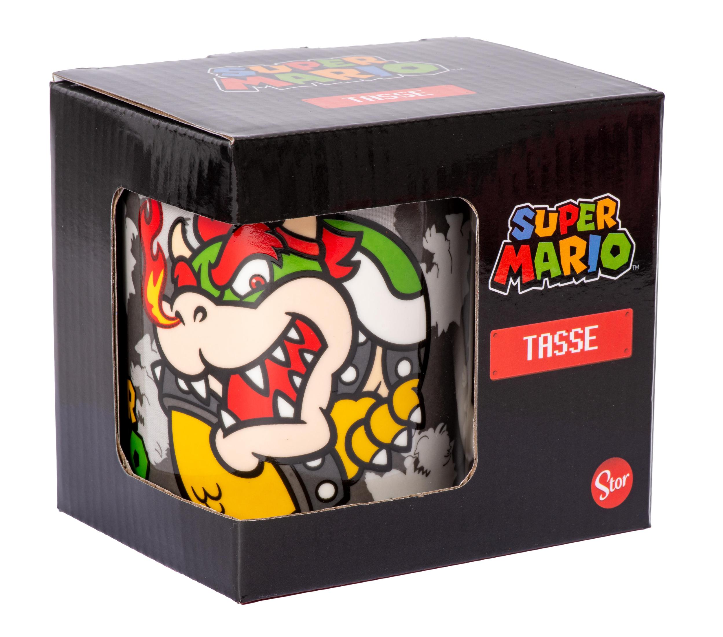 Super Mario-Tasse in einer schwarzen Box, mit Bowsers Bild. Die Tasse ist sichtbar.