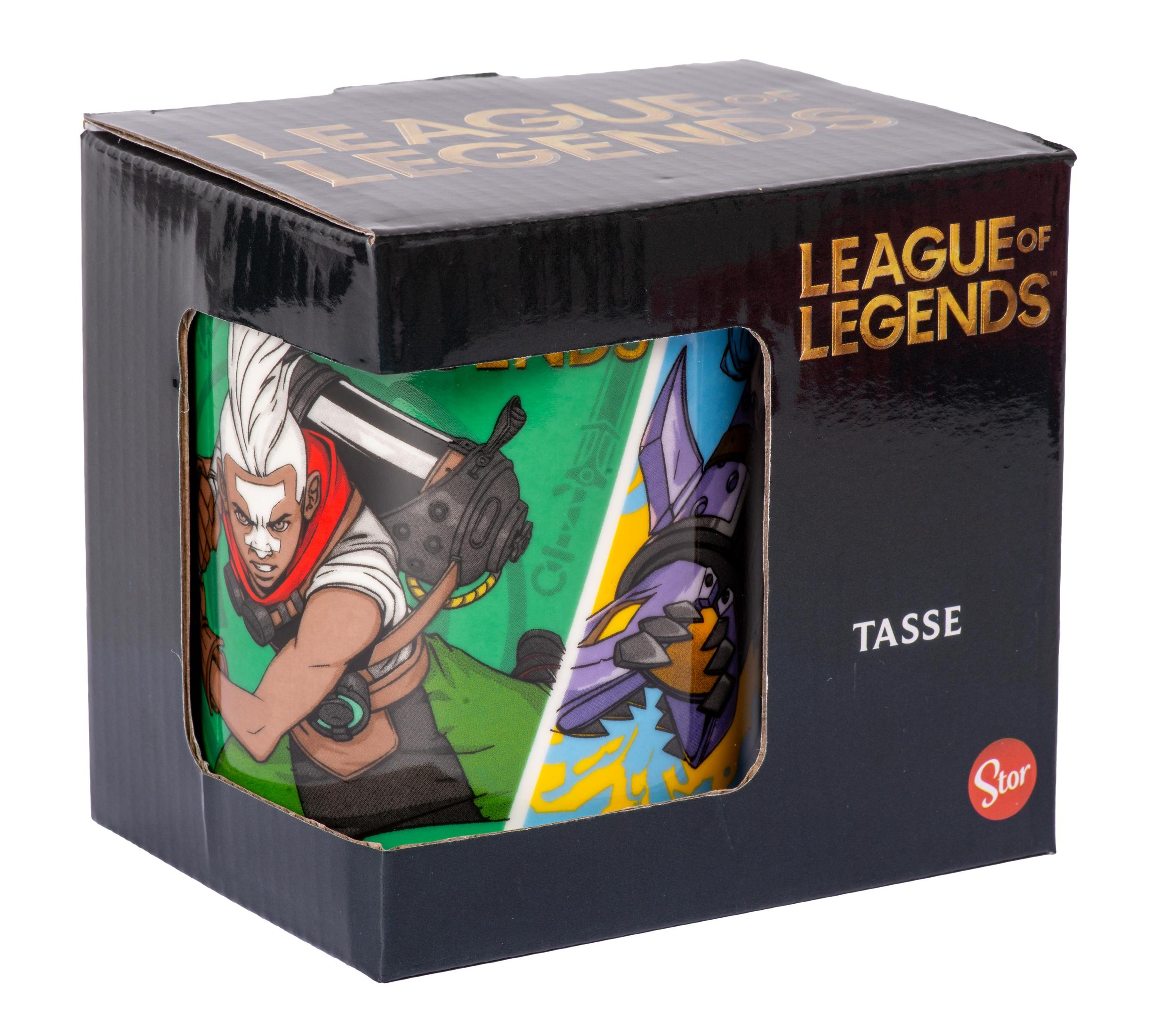 Schachtel einer Tasse mit League of Legends Design. Grün, lila und weiße Farben.