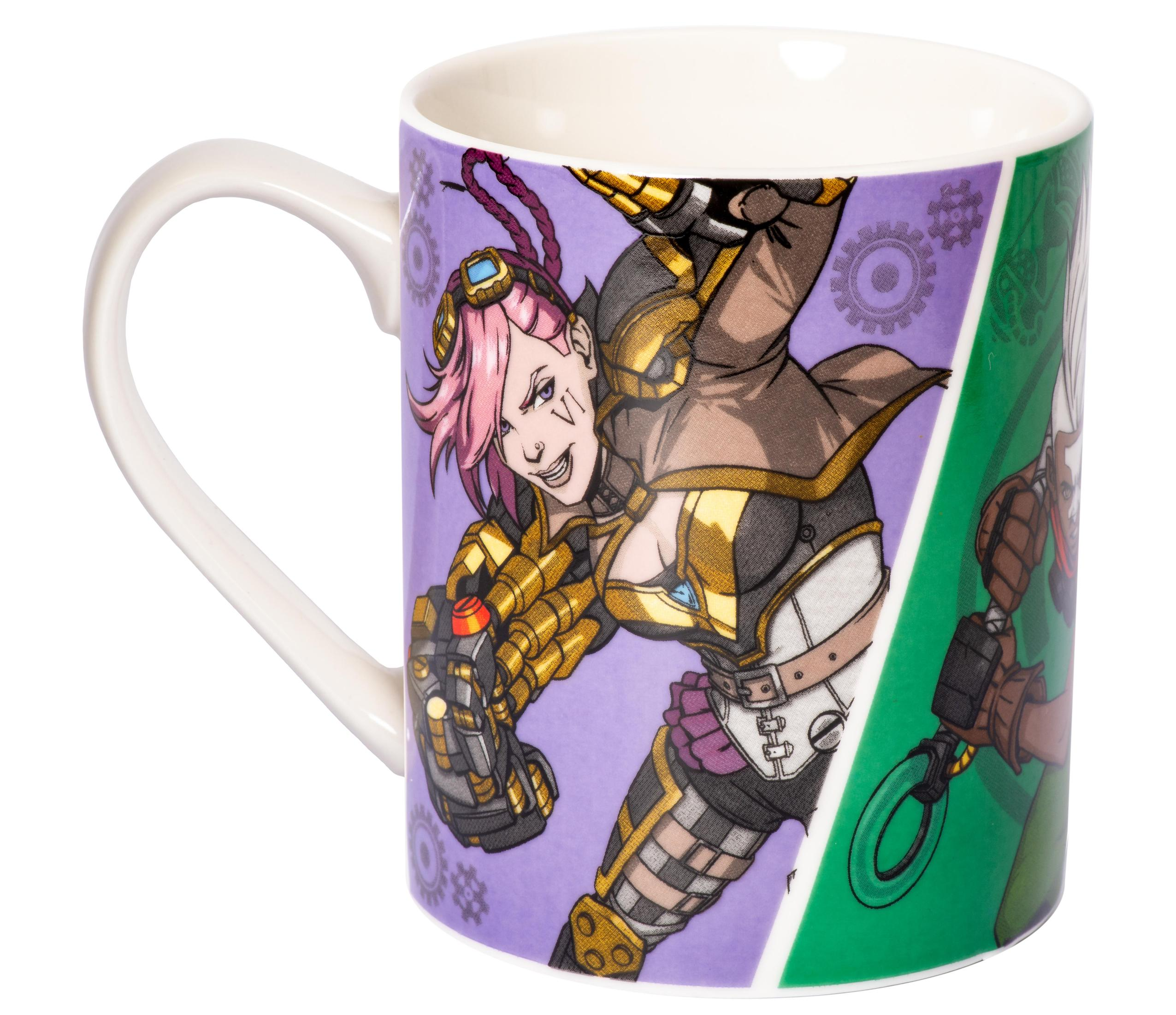 Weißer Becher mit bunter Illustration einer Videospiel-Figur.