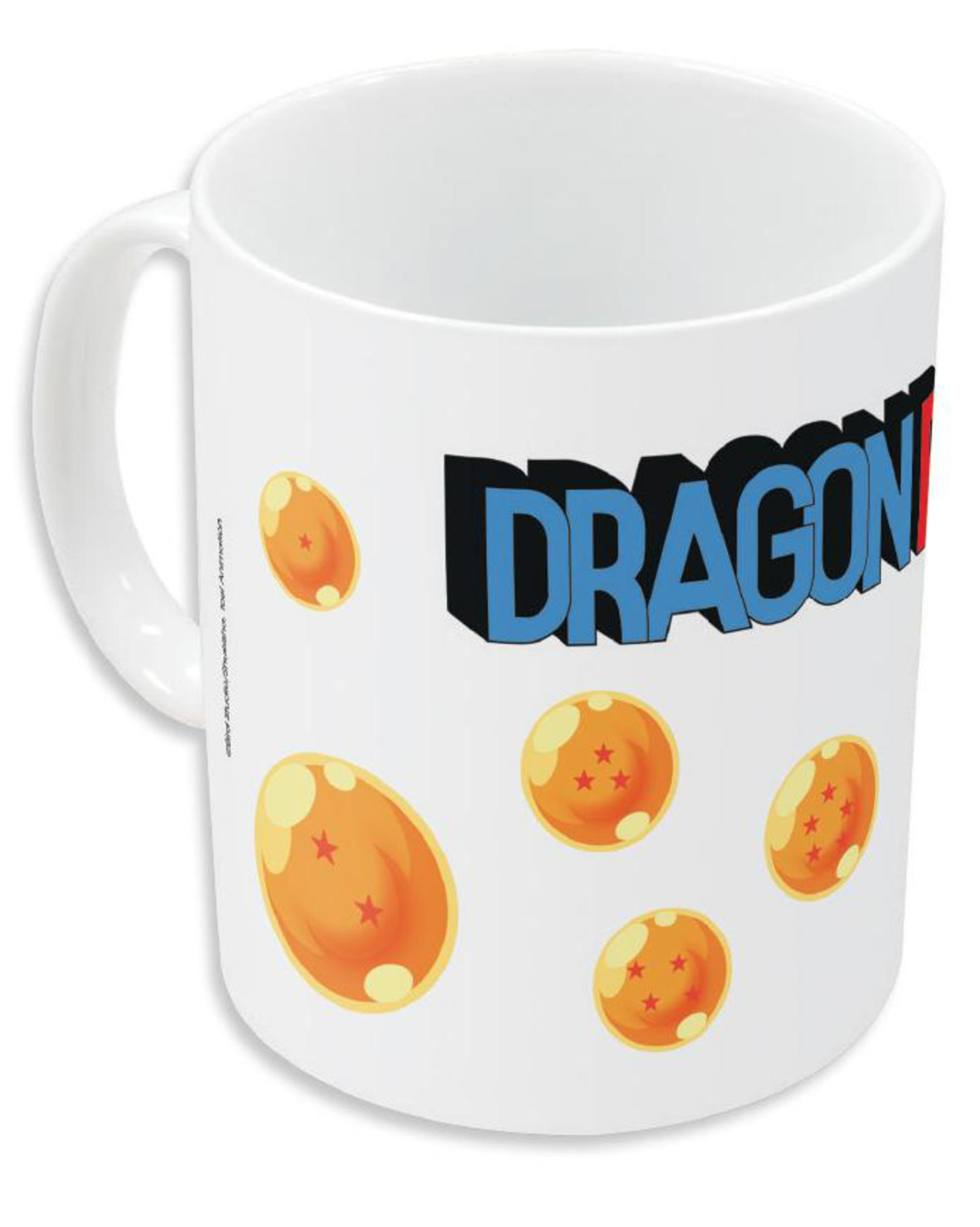 Eine weiße Tasse mit dem Dragon Ball Z Logo und orangefarbenen Dragon Balls.