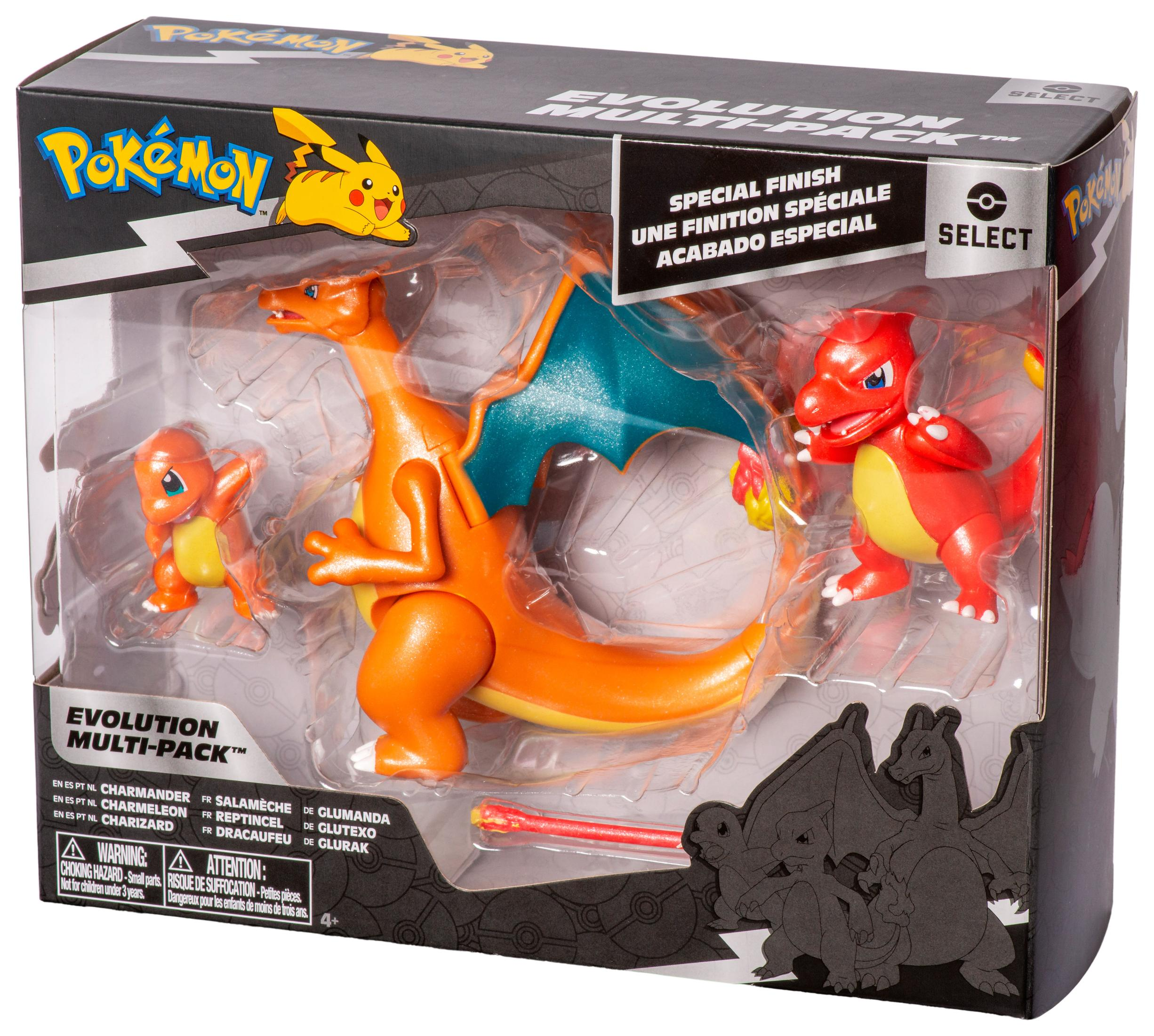 Pokemon Evolution Multi-Pack Box mit Charizard, Charmeleon und Charmander Figuren. Verpackung zeigt Pokémon Logo.