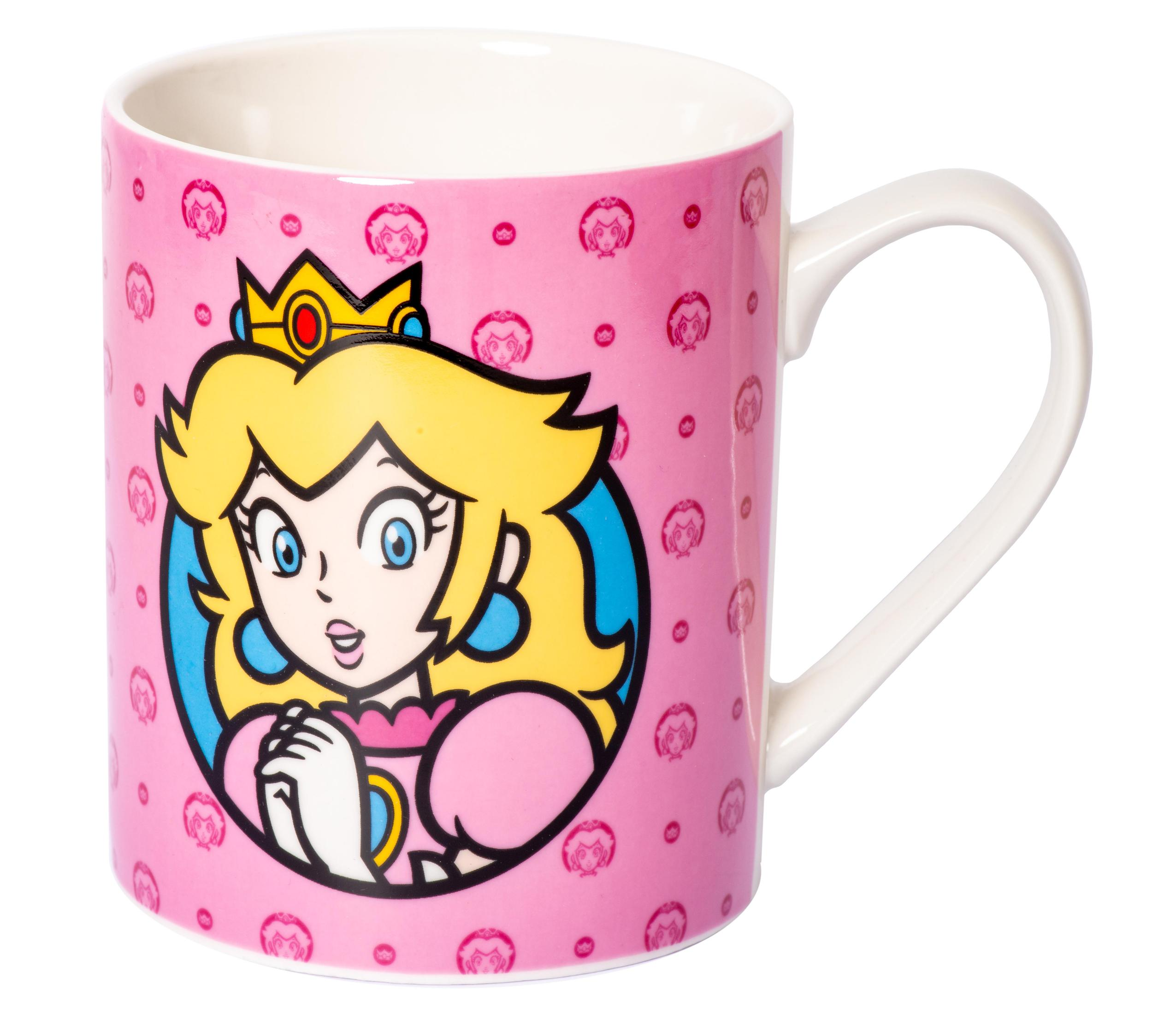 Rosa Tasse mit Prinzessin Peach-Illustration. Weißer Griff rechts. Rosa Hintergrund mit Peach-Symbolen.