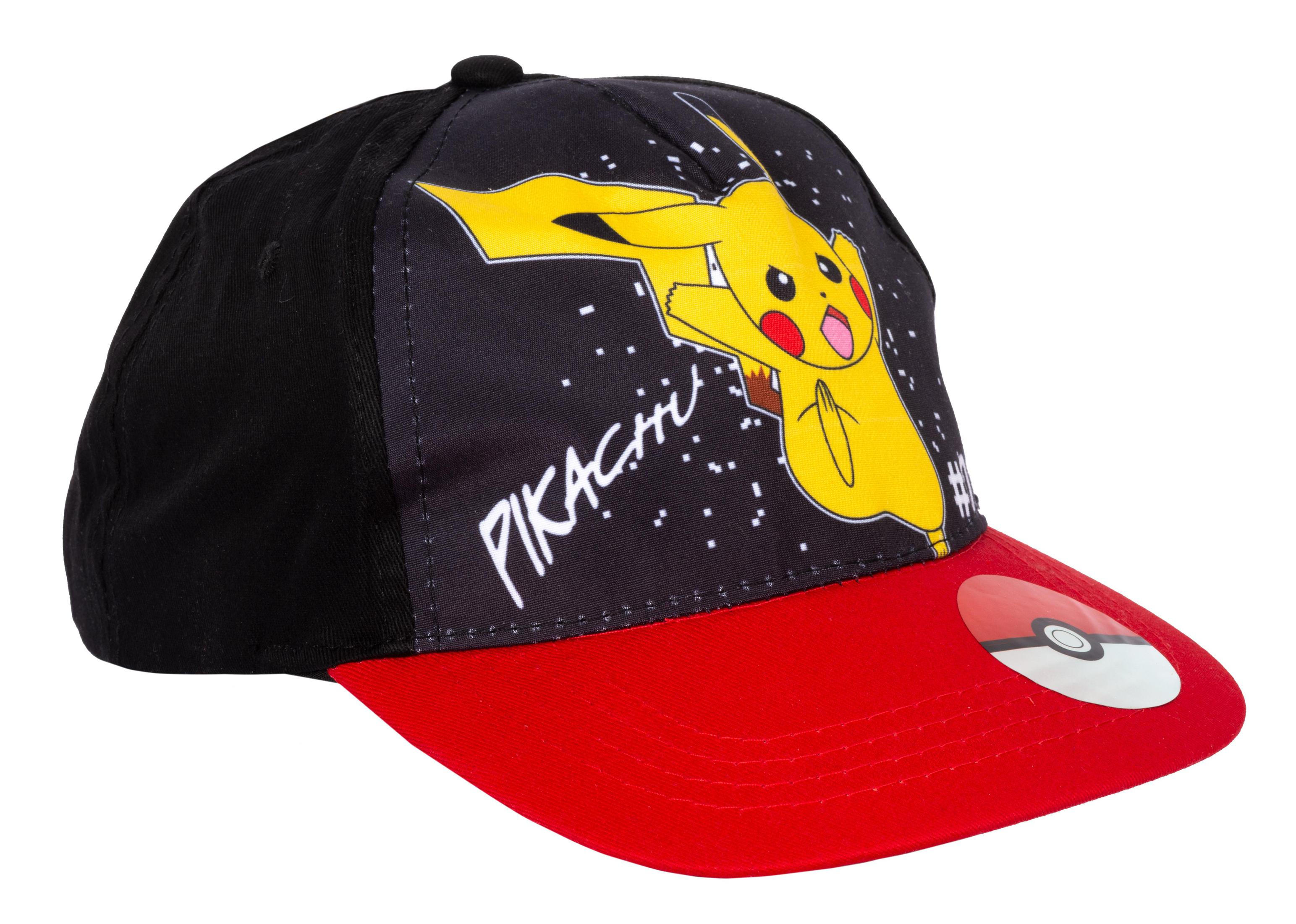 Schwarze und rote Pokémon-Kappe mit Pikachu darauf. Der Rand ist rot.