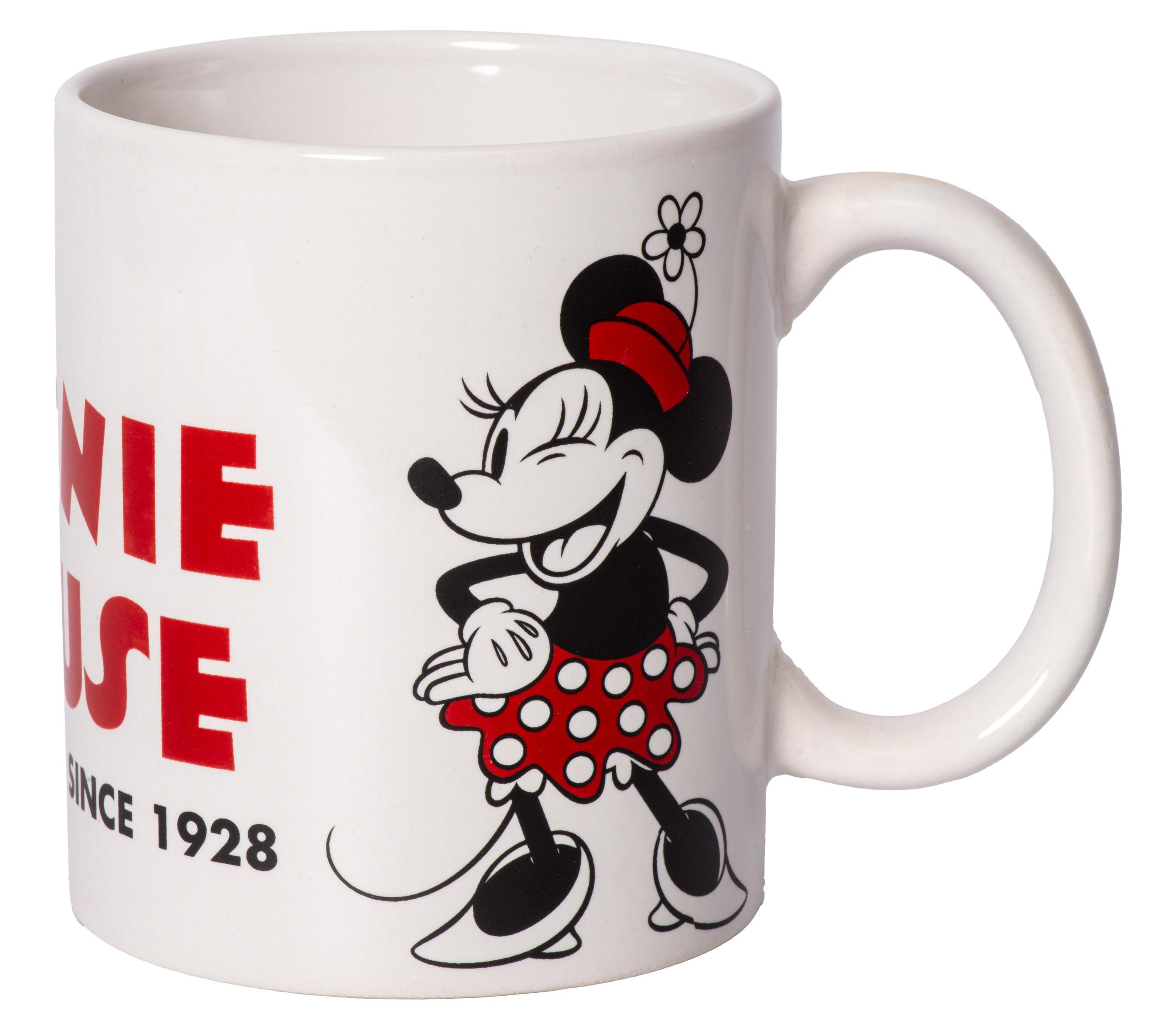 Eine weiße Tasse mit Minnie Mouse darauf. Die Tasse hat auch die Worte 'Minnie Mouse'.