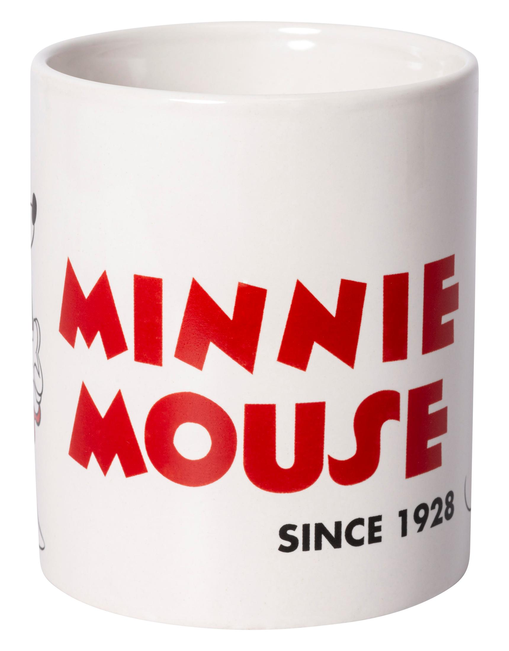 Ein weißer Keramikbecher mit Minnie Mouse, rotem Text und Minnie Mouse's Gesicht.