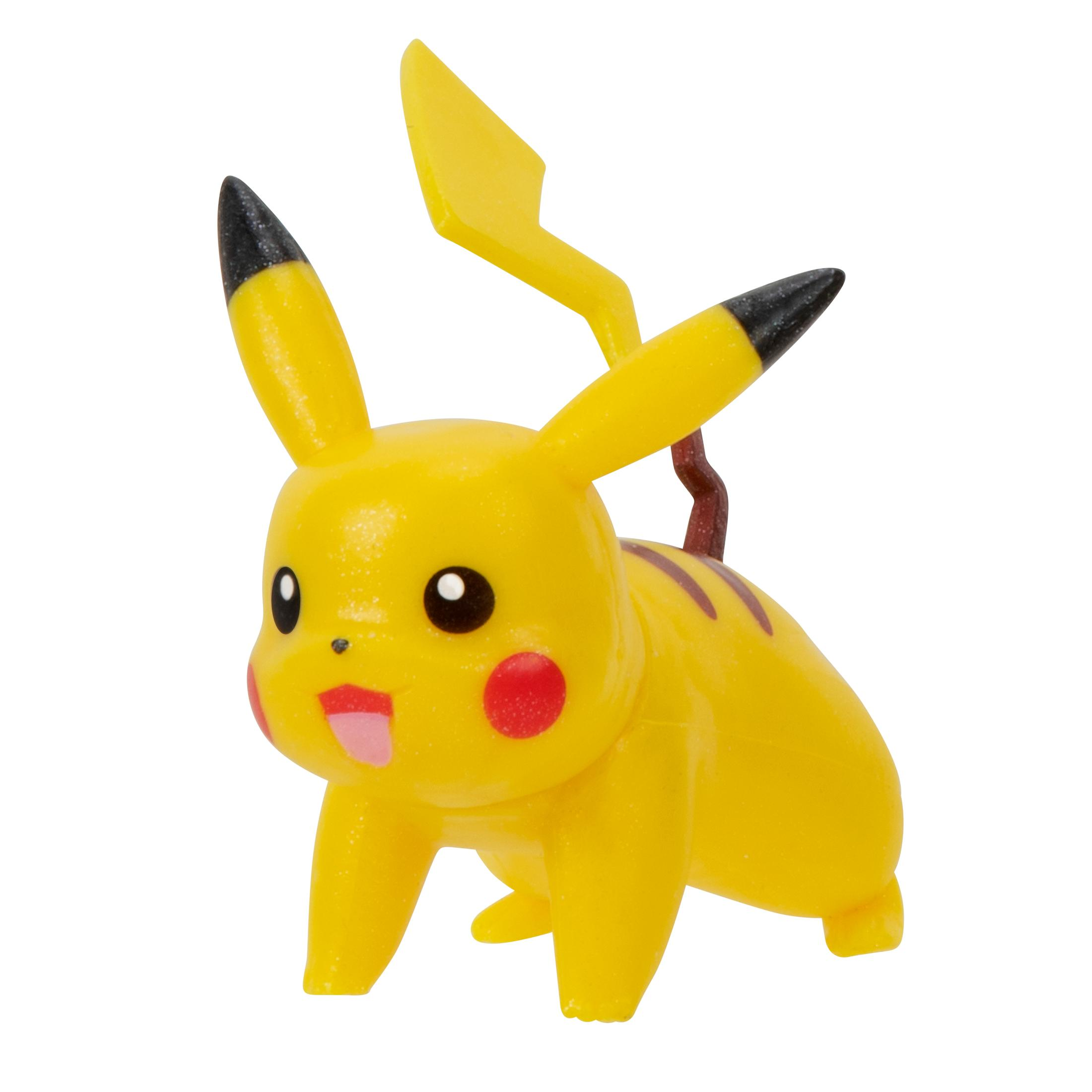 Pikachu-Spielzeug mit gelbem Körper, schwarzen Ohrenspitzen, roten Wangen und Schwanz. Es hat einen offenen Mund und steht.
