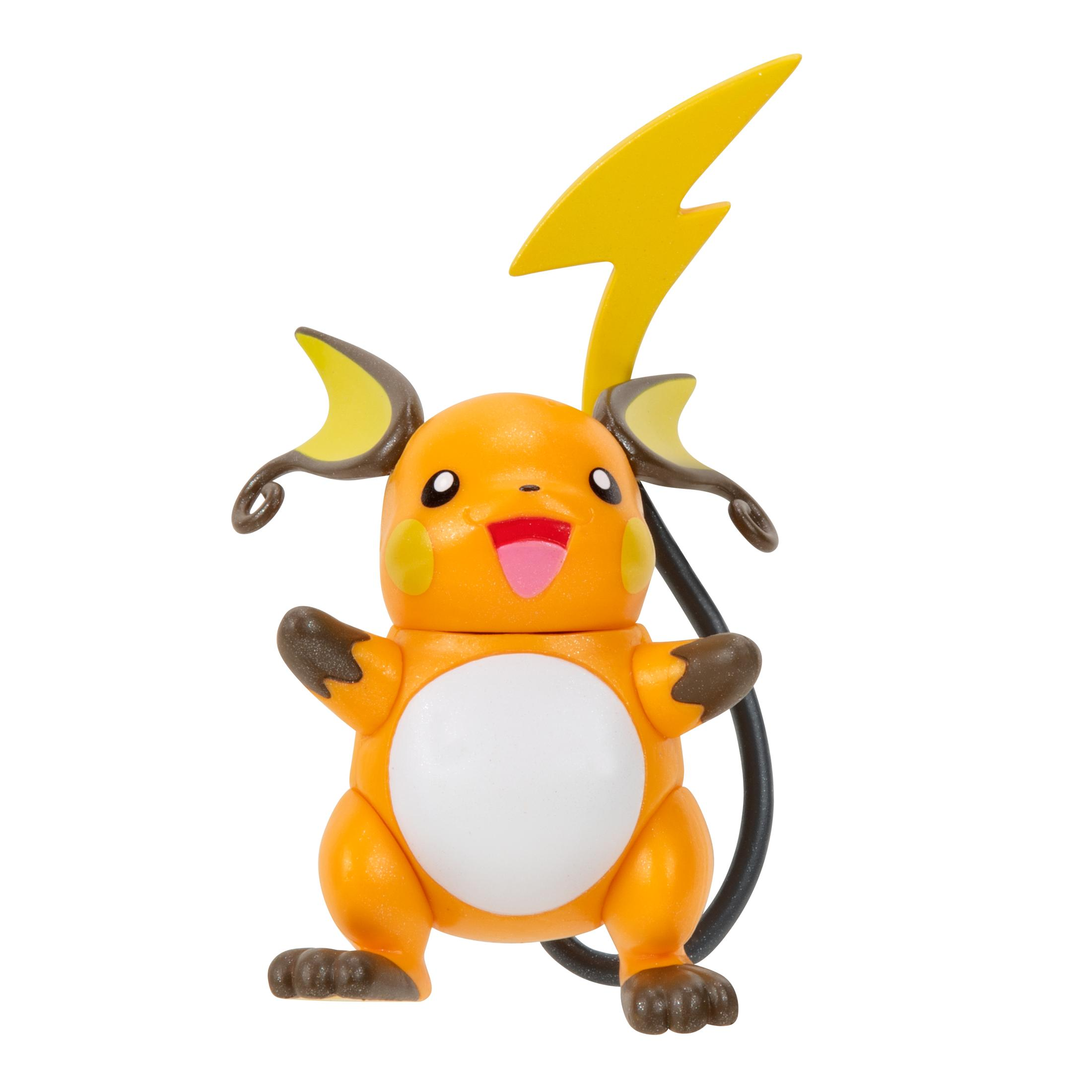 Orangener Pokémon-Charakter Raichu mit Blitzschwanz und fröhlichem Gesichtsausdruck.
