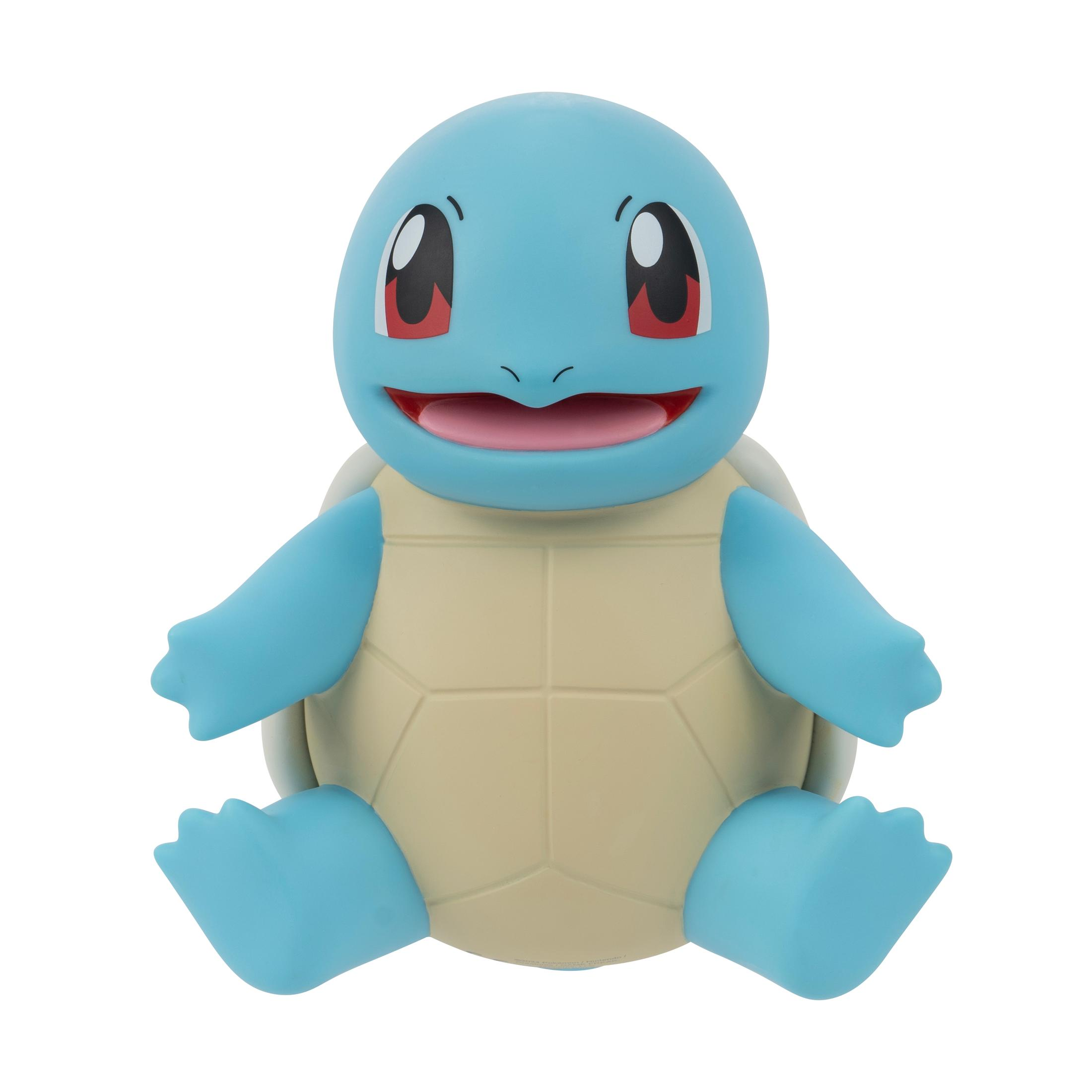 Squirtle-Spielzeugfigur, sitzend, mit blauem Körper, Panzer und roten Augen.
