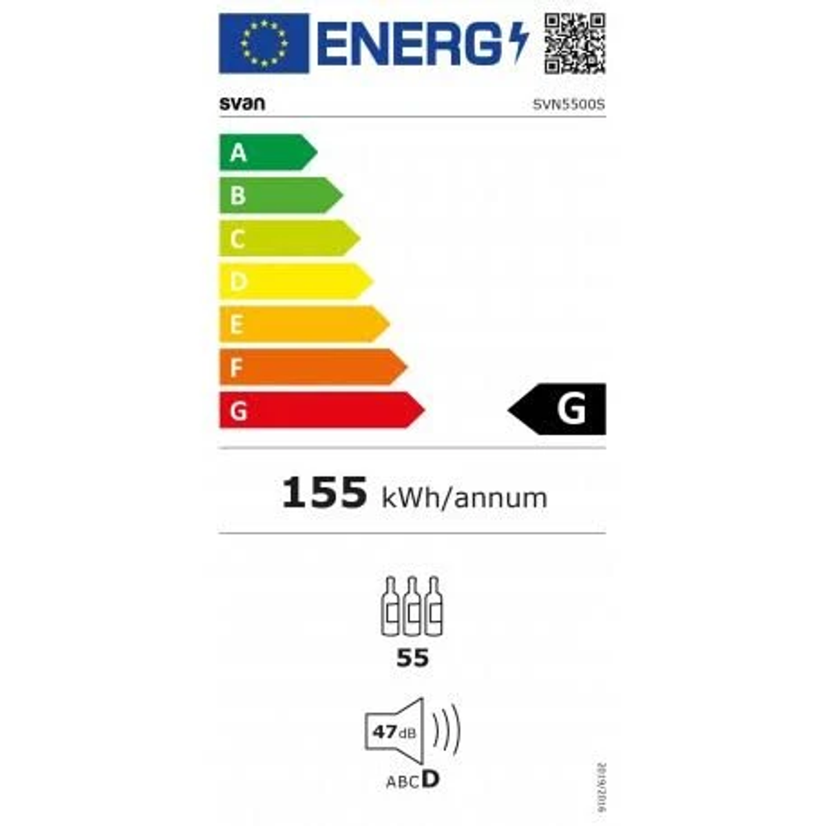 Una etiqueta energética para un enfriador de vino, que muestra la eficiencia energética y otras especificaciones.