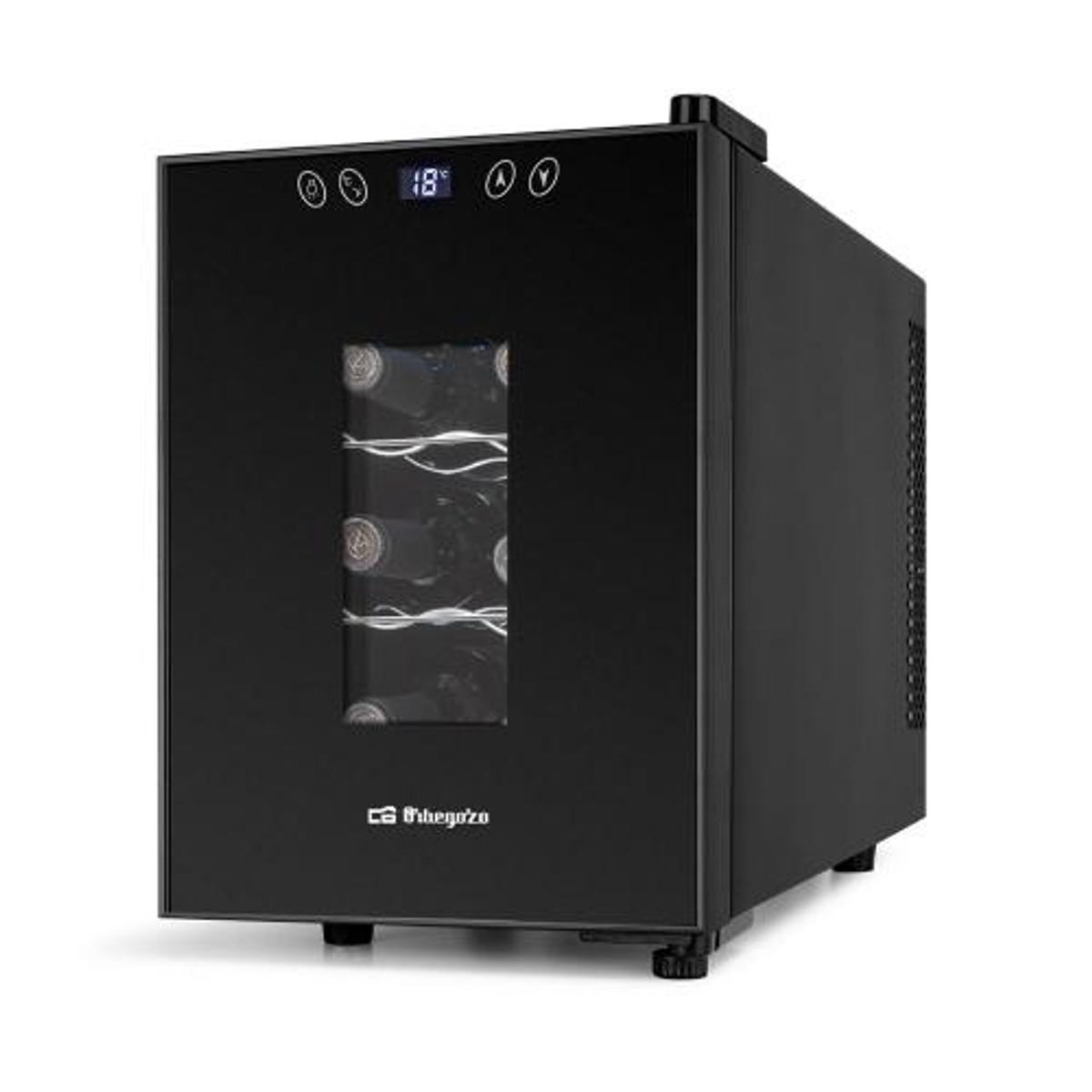 Enfriador de vino negro con puerta de vidrio, mostrando botellas de vino, pantalla digital arriba.