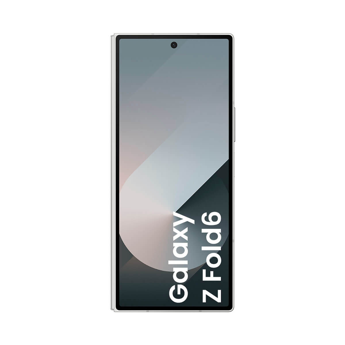 Składany smartfon z tekstem 'Galaxy Z Fold6' na ekranie. Ma srebrną ramkę.