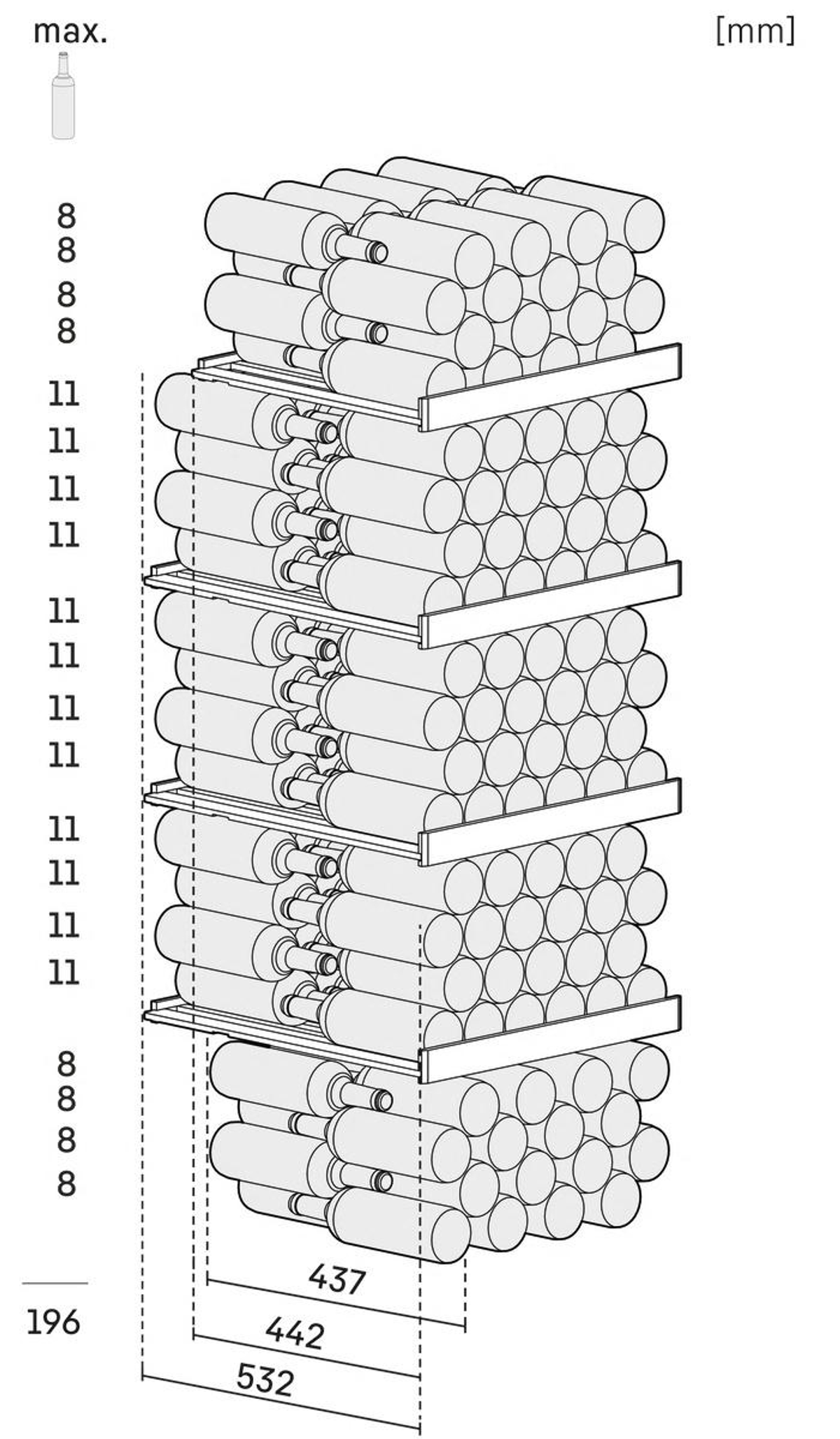 Diagramma che mostra la capacità di stoccaggio delle bottiglie di vino e le dimensioni.