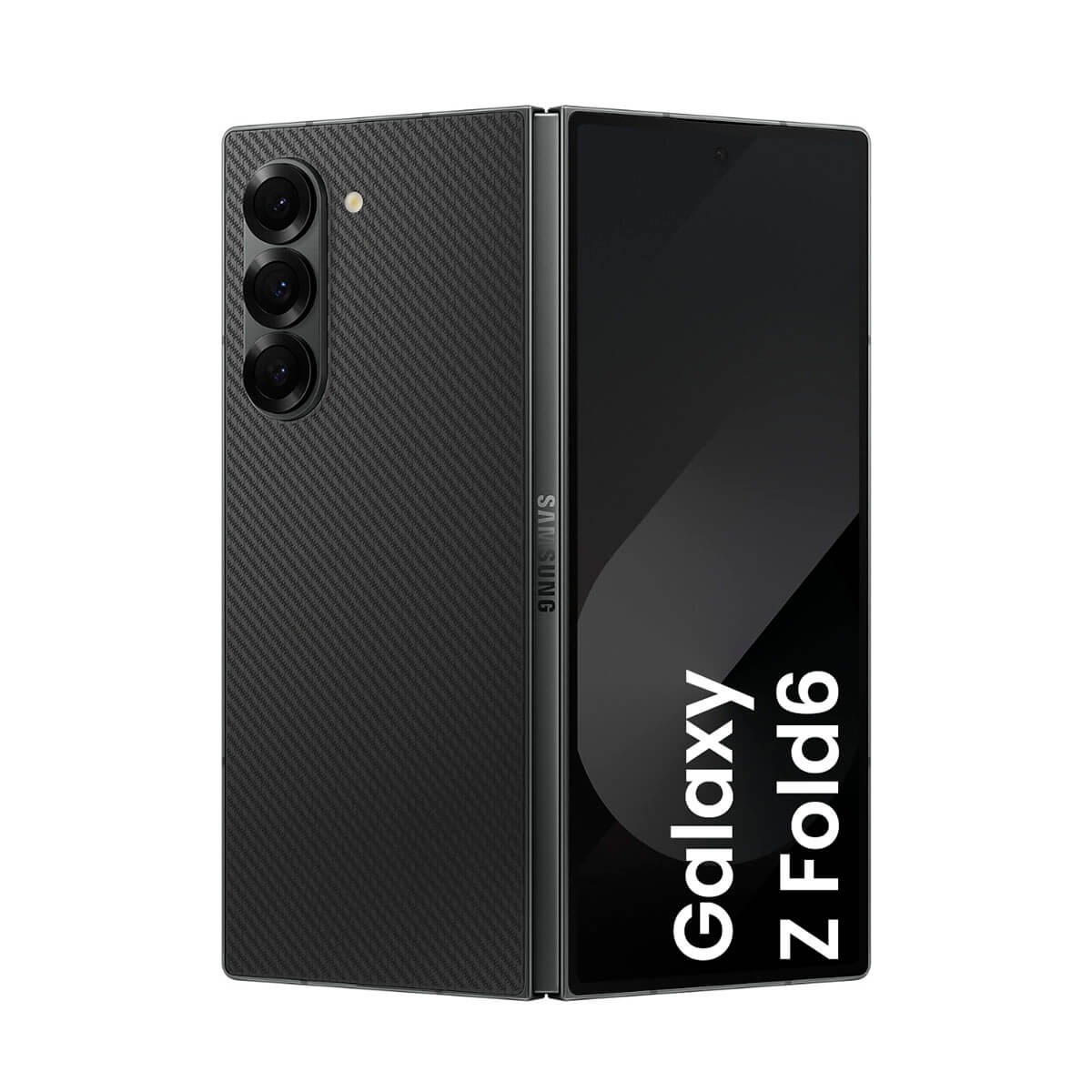 Czarny składany telefon otwarty, wyświetlający ekran ze słowami Galaxy Z Fold6 na biało.