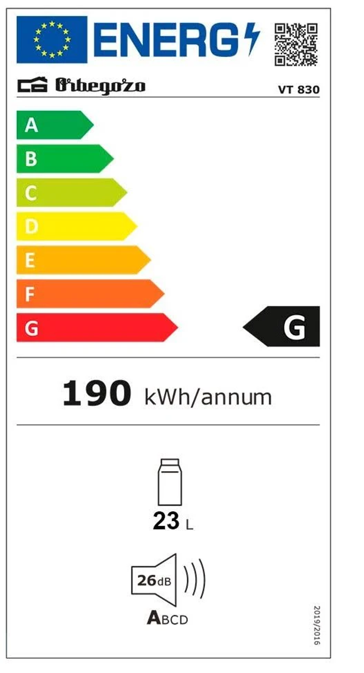 Etiqueta energética de un frigorífico. Muestra eficiencia energética, consumo y otros detalles técnicos.