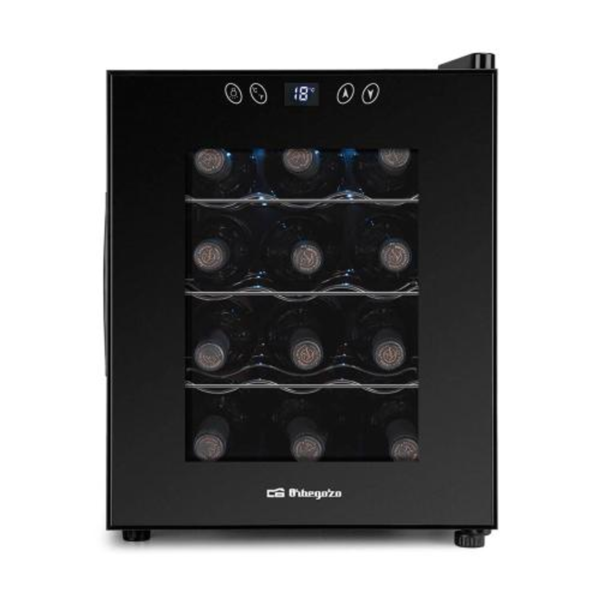 Una vinoteca negra con puerta de cristal, que muestra botellas de vino en su interior.