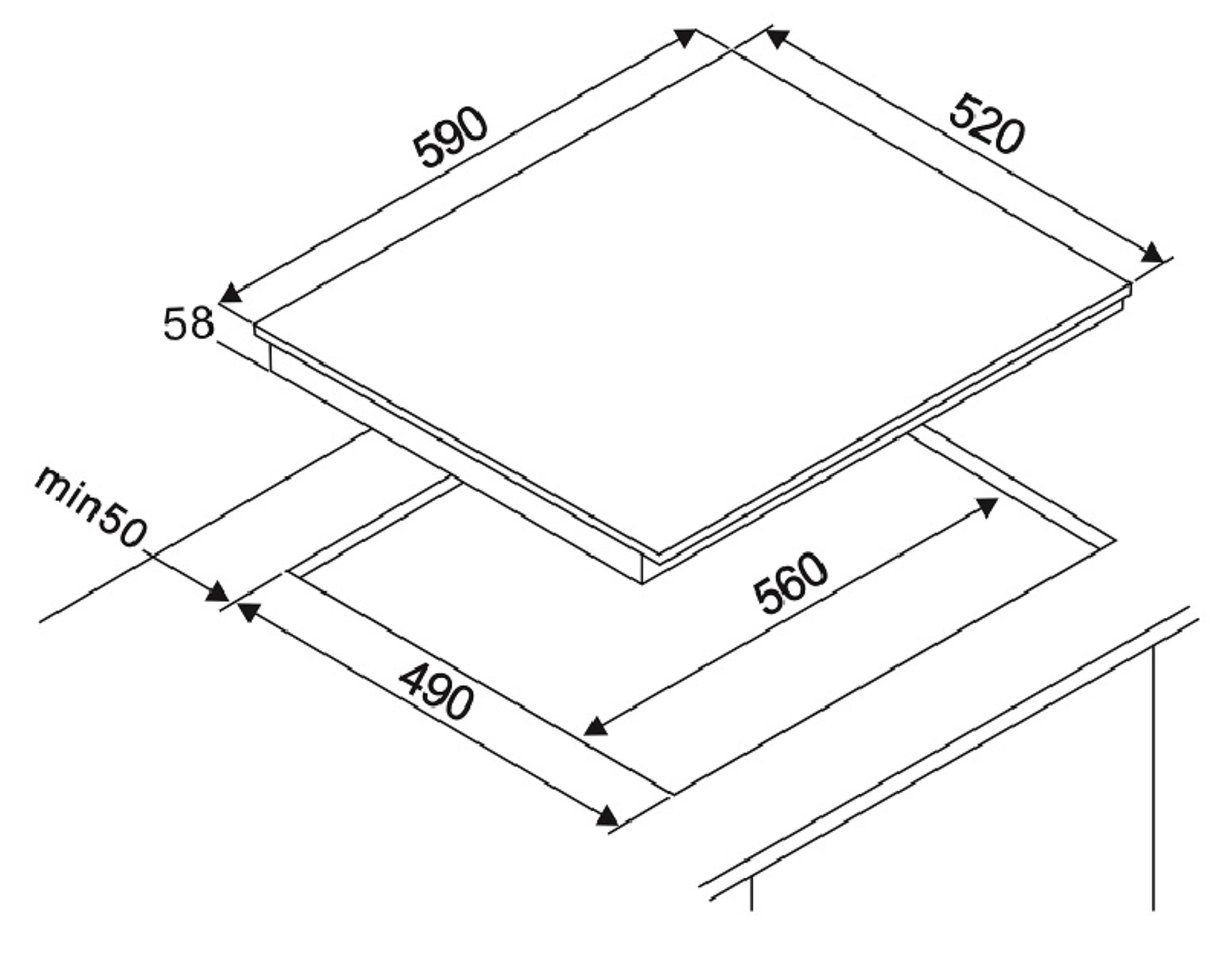 Isometrische tekening van een zwart inbouwfornuis met afmetingen in millimeters. Witte achtergrond.