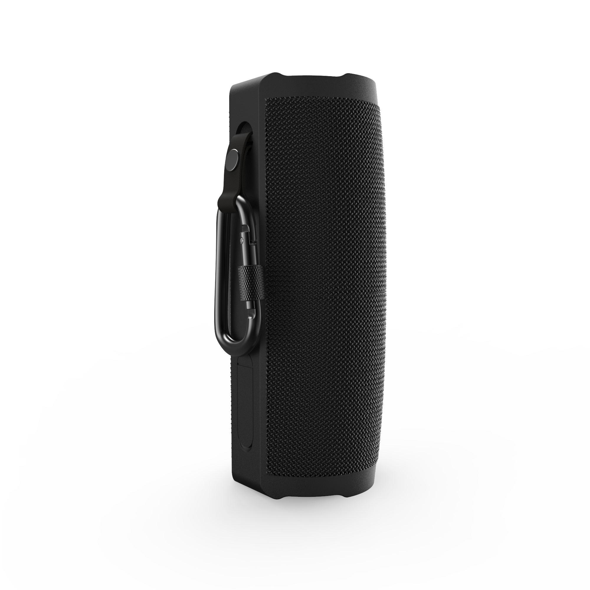 Czarny prostokątny głośnik z czarnym karabińczykiem. Tło jest czarne.