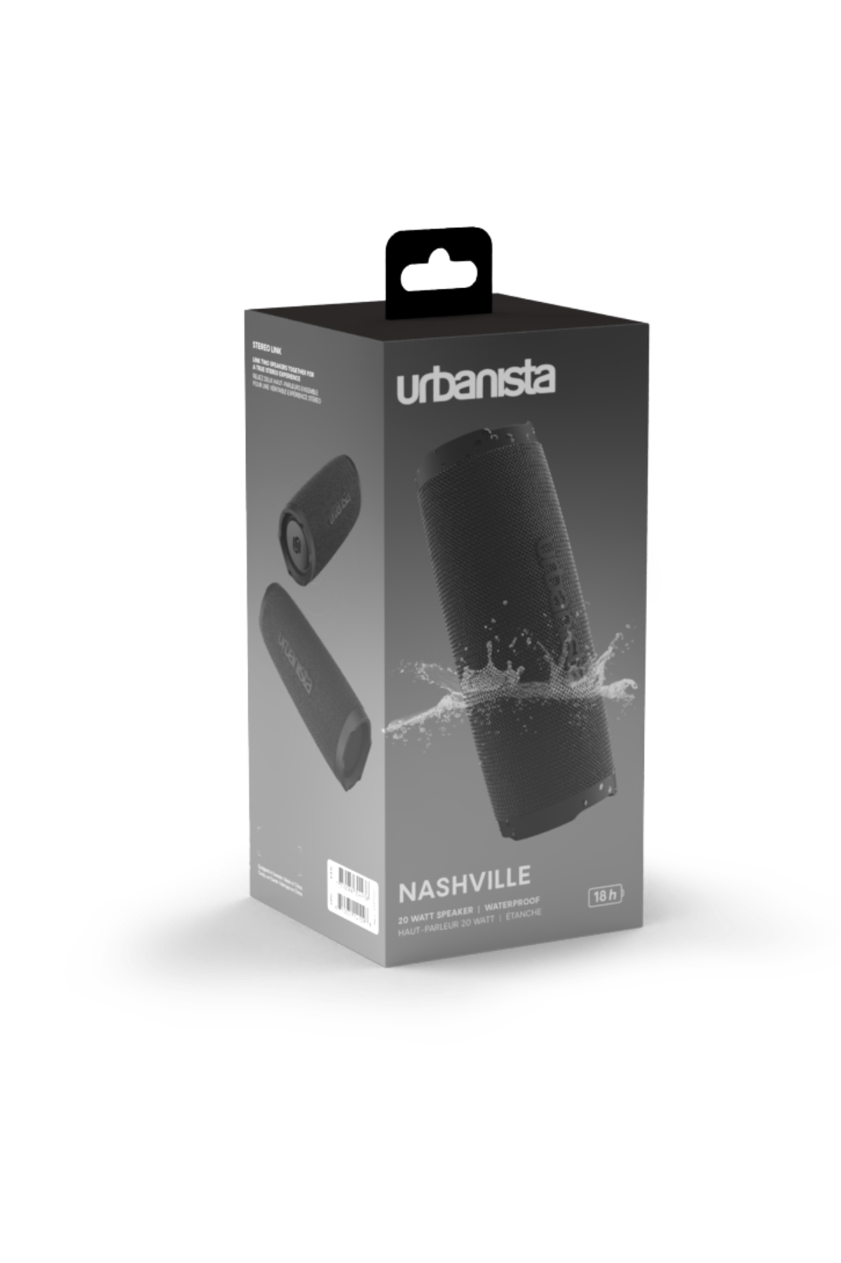 Czarny i szary głośnik z napisem 'Urbanista'. Pokazuje głośnik i widok z boku.