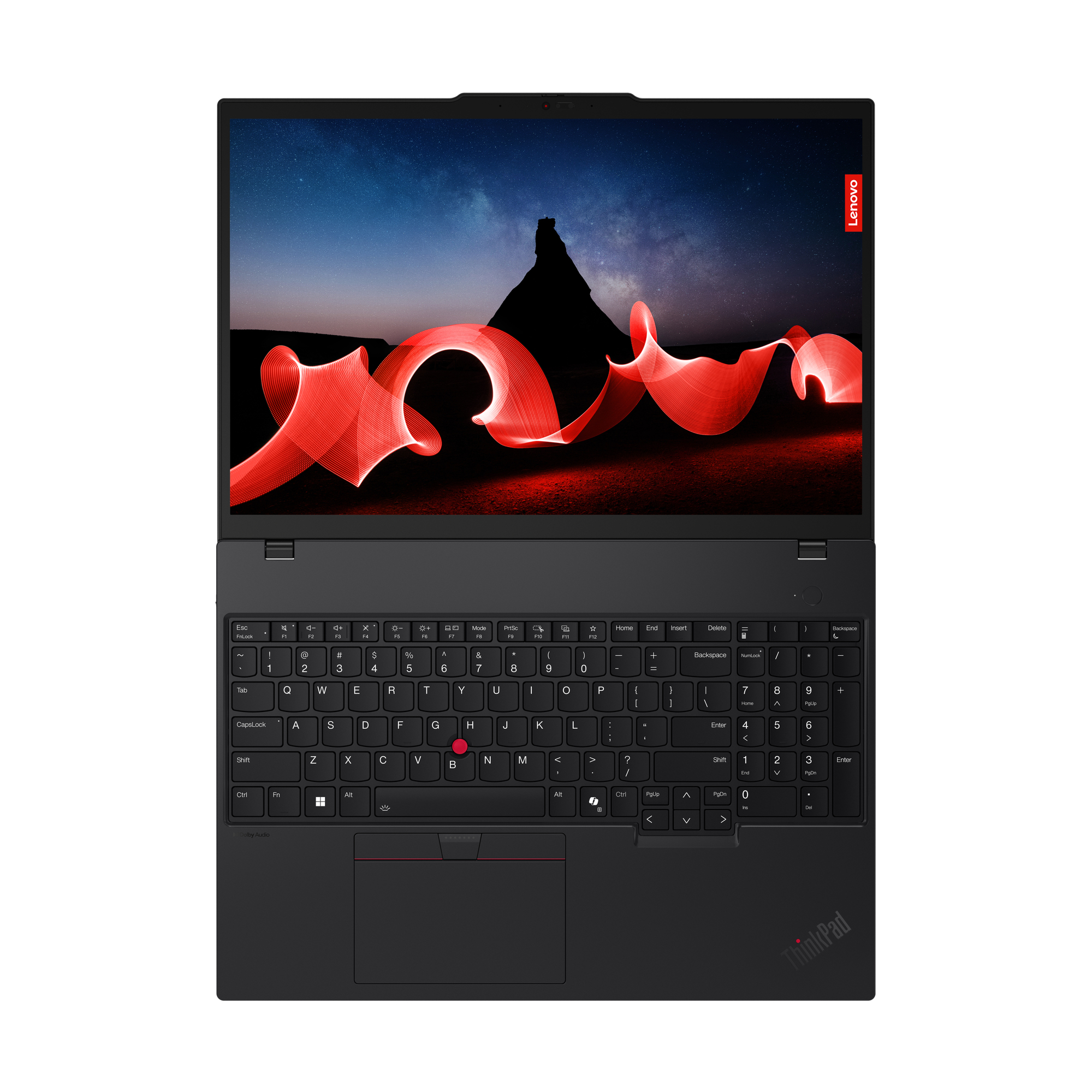 Laptop ThinkPad nero. Schermo mostra scena notturna con scie di luce rossa. Tastiera visibile.