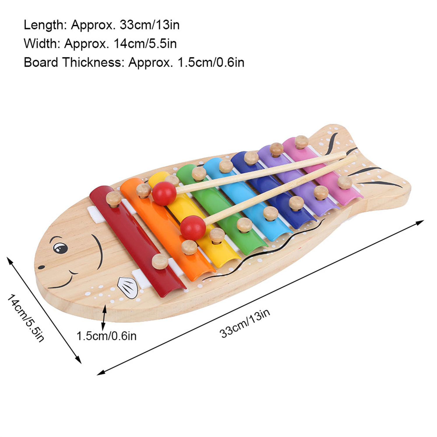 Ein hölzernes Xylophon in Fischform mit Maßangaben. Rote, orange und andere farbige Balken sind sichtbar.