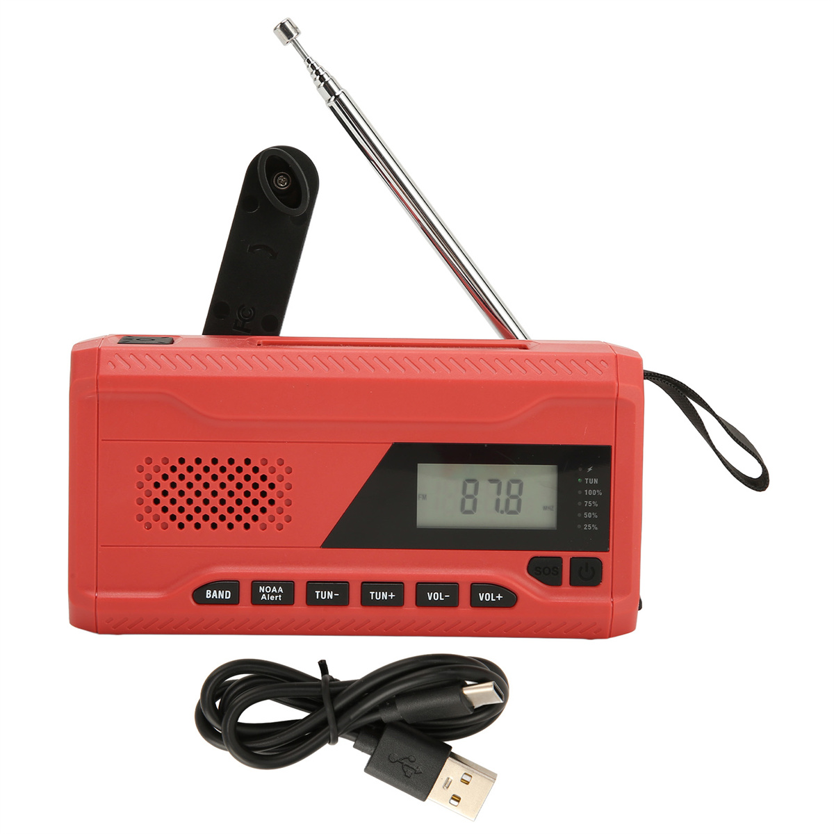 Ein rotes Notfallradio mit Antenne und schwarzem Ladekabel.
