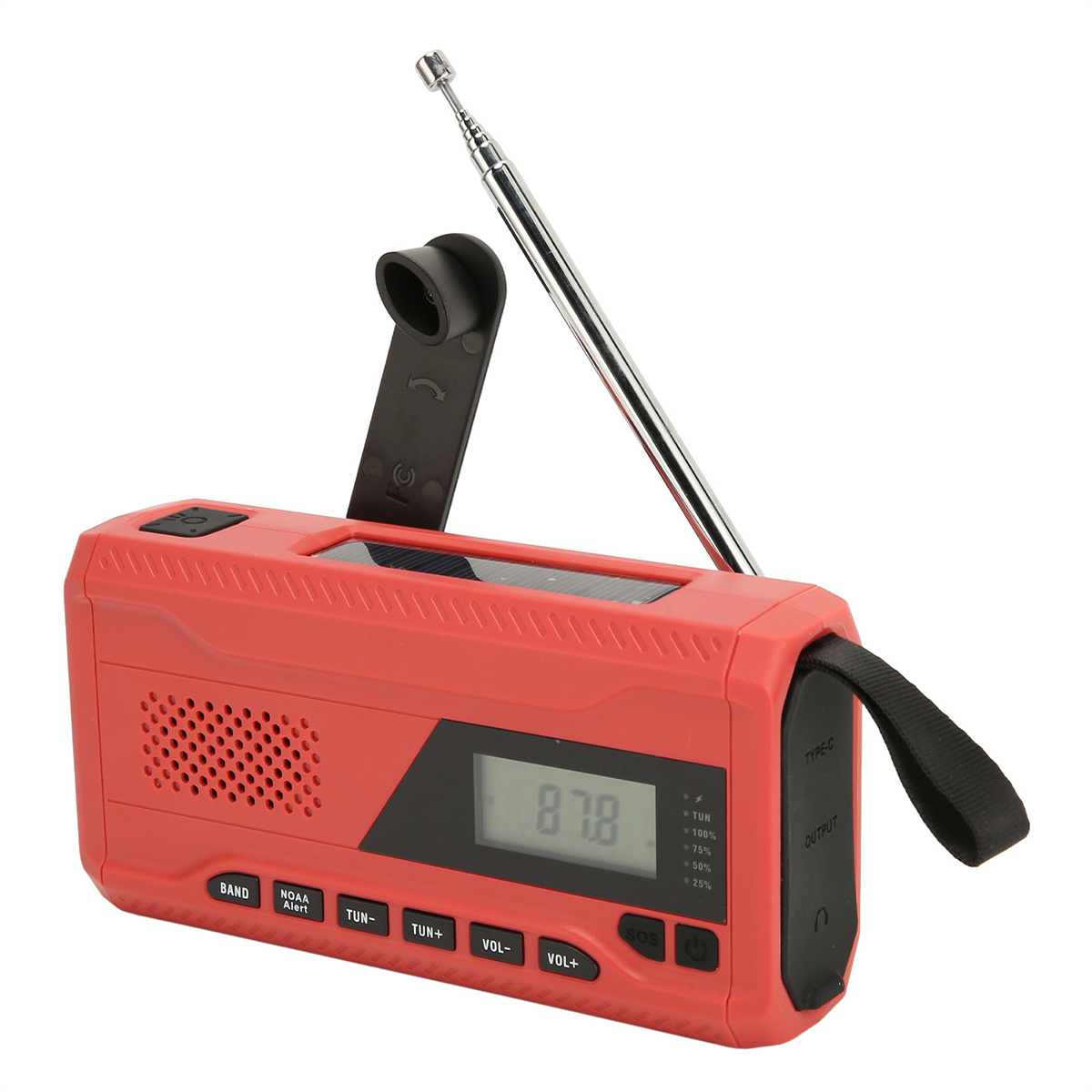Rotes Notfallradio mit Kurbel, Antenne und Digitalanzeige.