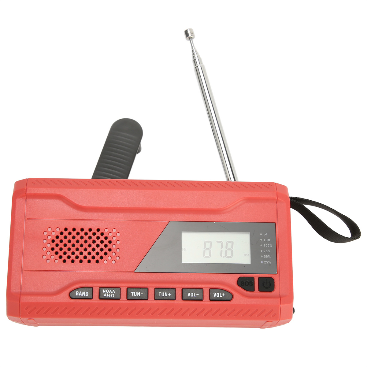Rotes Radio, Antenne ausgezogen, Digitalanzeige. Tasten für Band, Tune und Lautstärke.