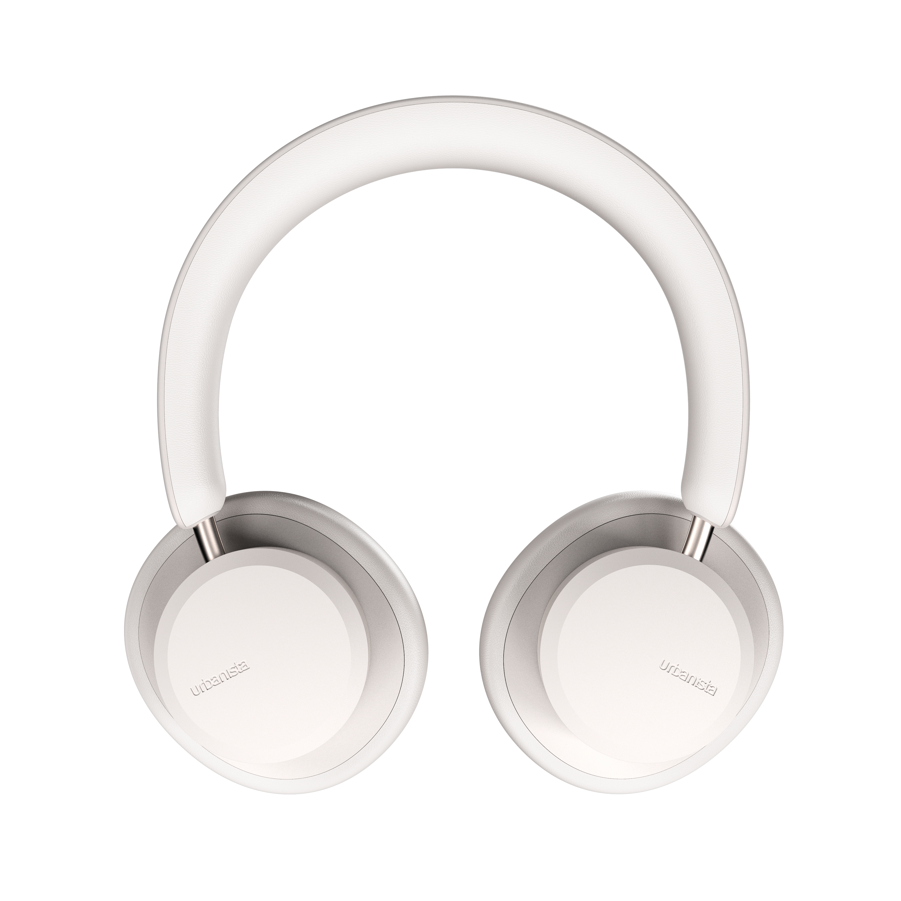 Białe słuchawki Urbanista na czarnym tle. Nazwa marki jest widoczna.
